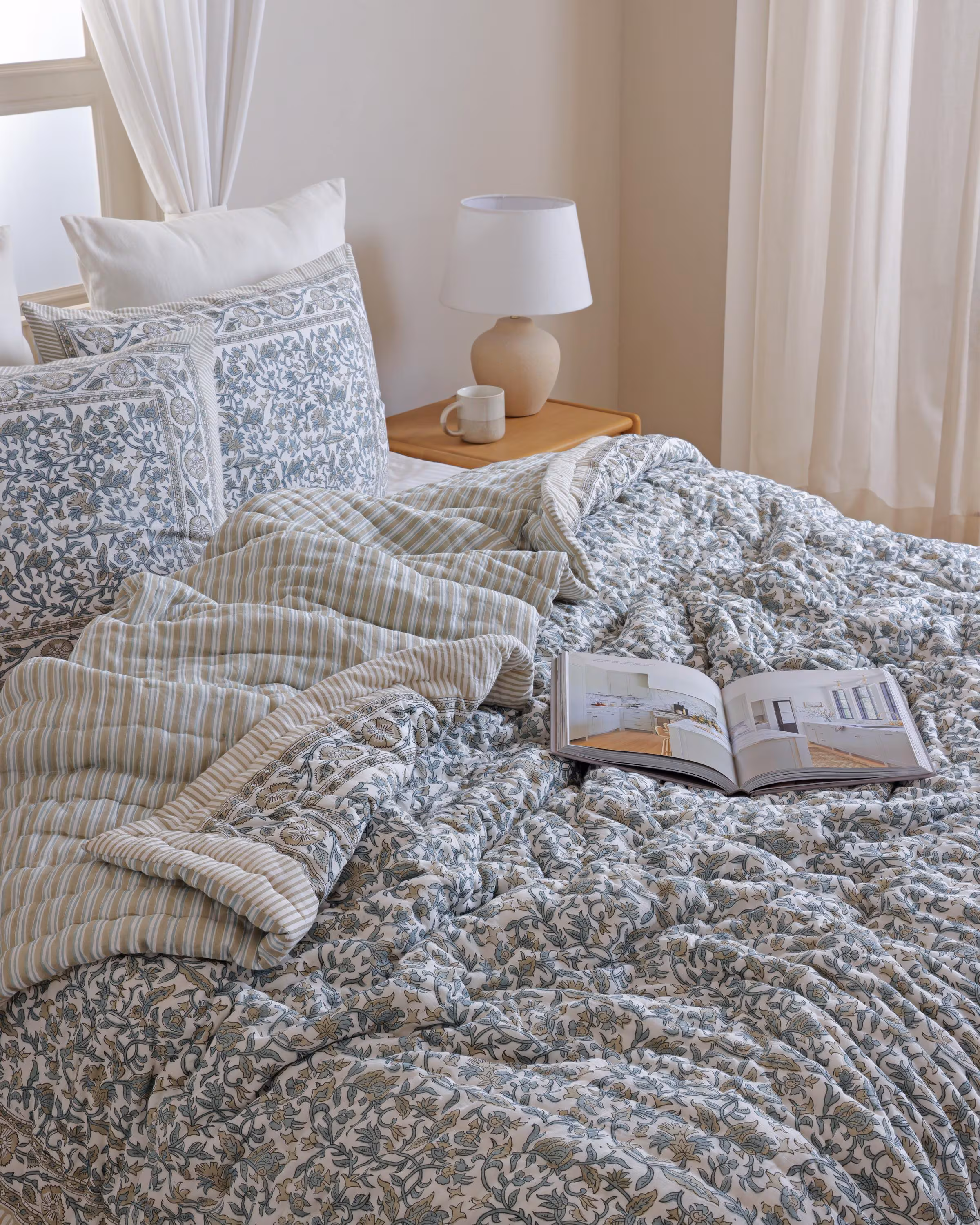 Grey and Taupe Floral Block Printed Quilt, Cotton Reversible Bedspread, Boho Handmade Bedding Set, Twin Full Queen King, Matching Shams