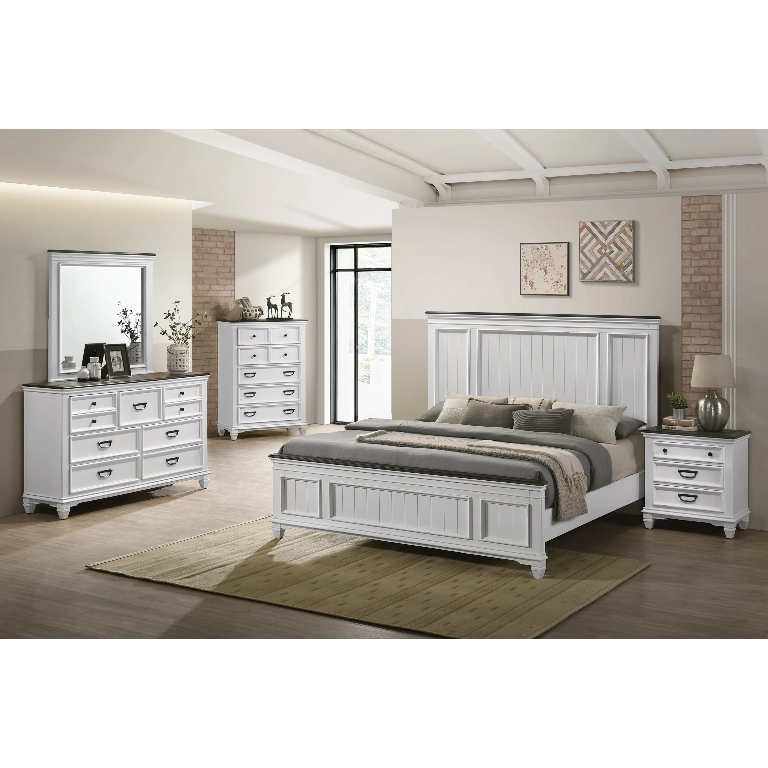 Roundhill Furniture Clelane Wood Bedroom Set with Bed, Dresser, Mirror, Nightstand, and Chest