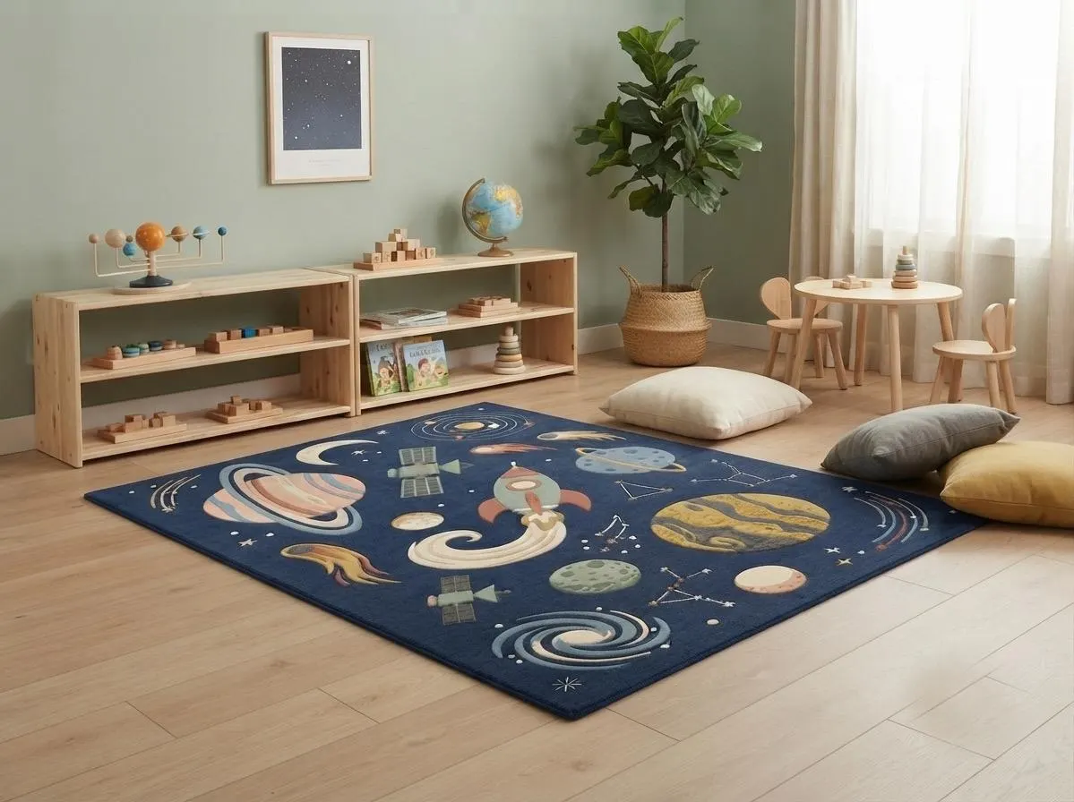Space Adventure Kids Rug, Planet & Rocket Playroom Carpet, Galaxy Nursery Rug, Outer Space Bedroom Rug, Hand Tufted Kids Carpet