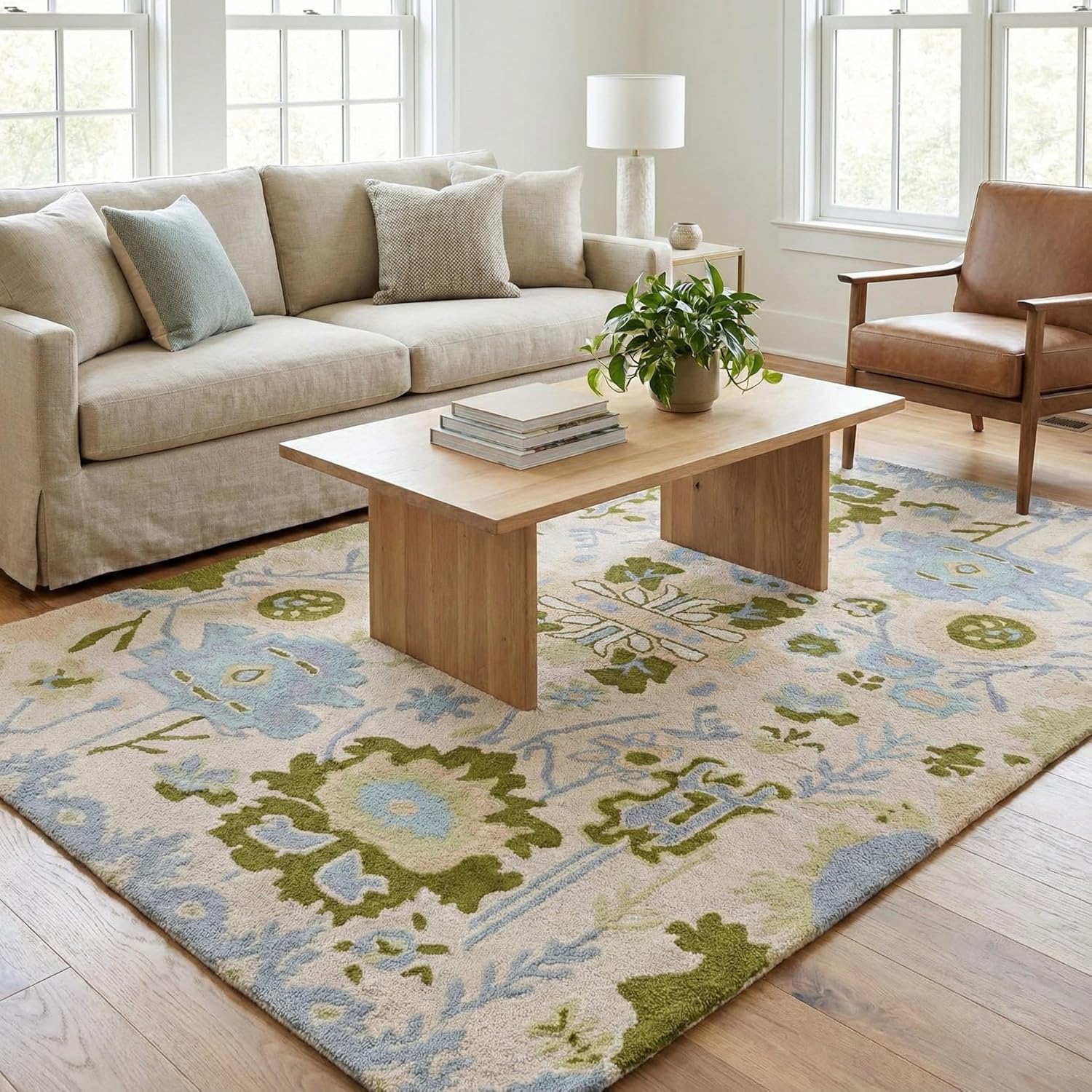 Handmade Oushak Wool Area Rug | Floral and Botanical Patterns in Soft Blue and Green | Luxurious Thick Pile for Living Room, Bedroom & Dining Room Decor (Blue & Green, 8' x 10')