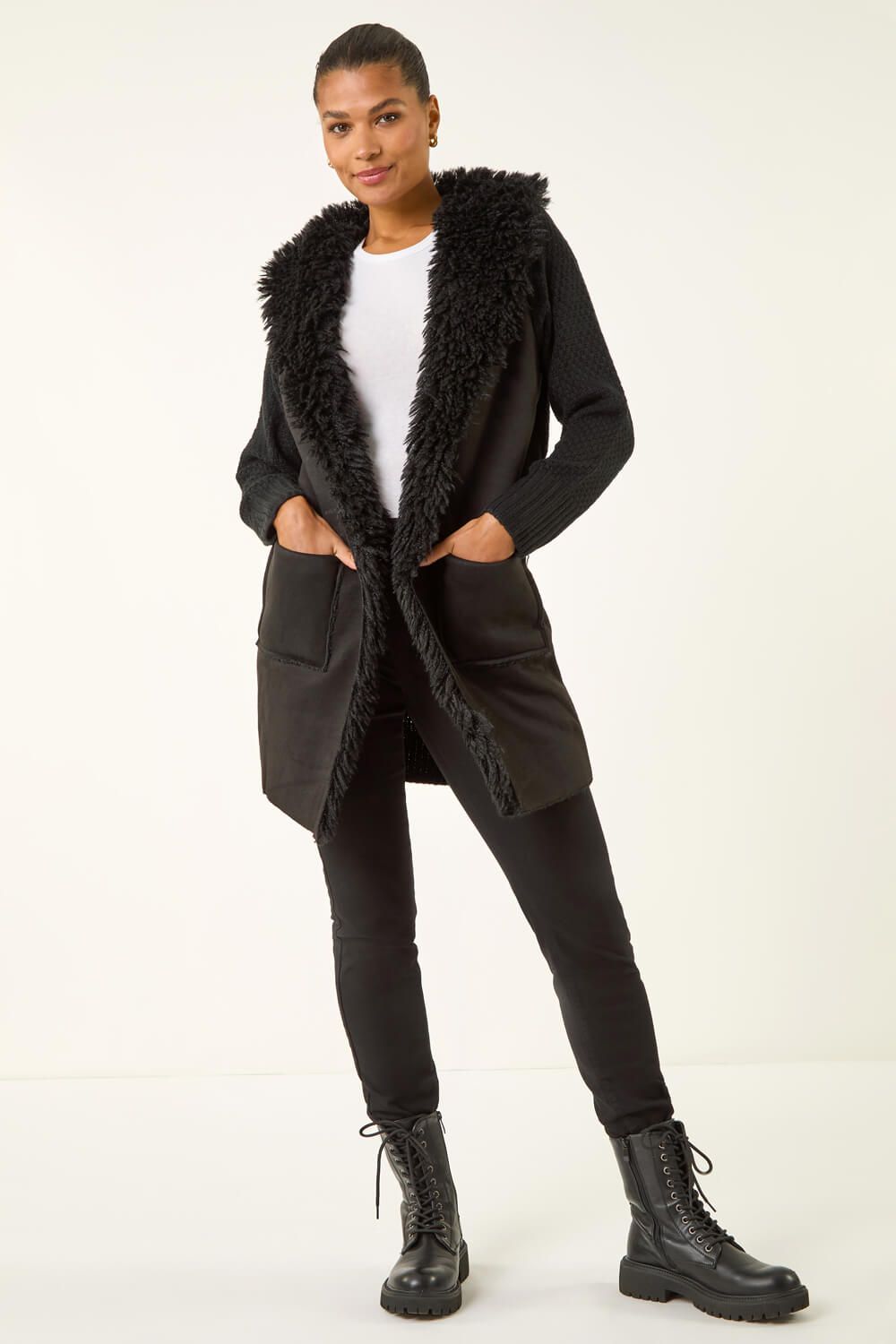 Roman Longline Faux Shearling Knit Coatigan
