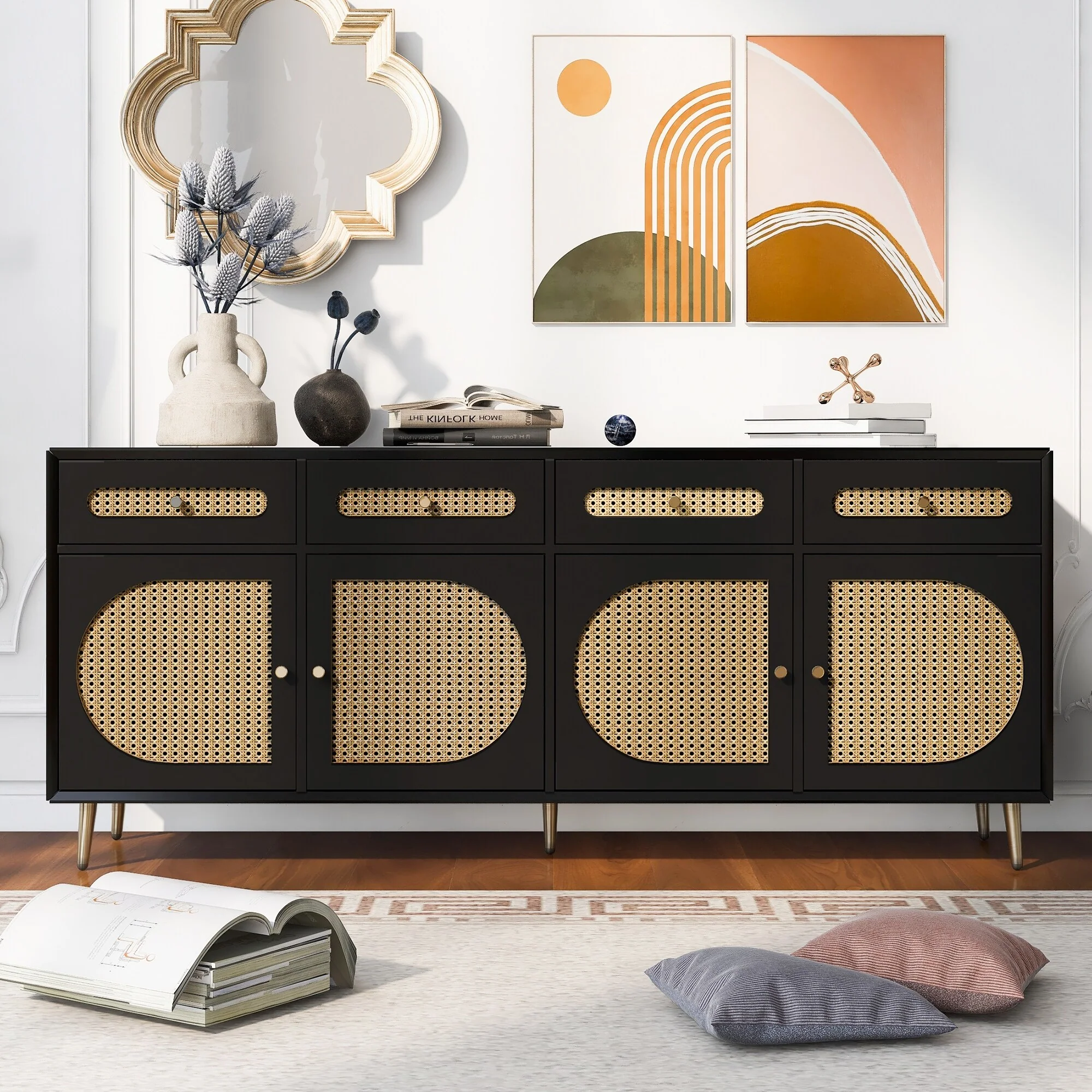 Black 64.57 TV Stand with Rattan Door, Adjustable Shelves for TVs Up to 65