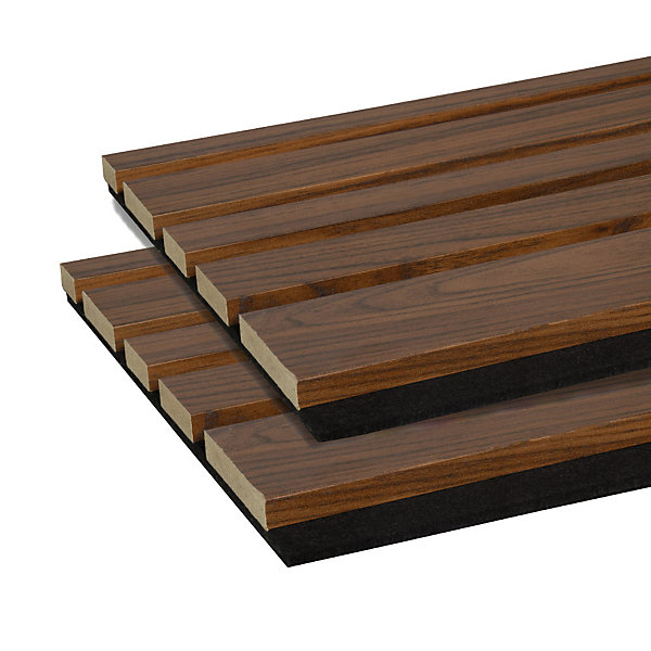 Lot de 2 Panneaux tasseaux acoustic asymétrique lamelles MDF noyer naturel sur fond noir 2600 x 300 x 17 mm -
