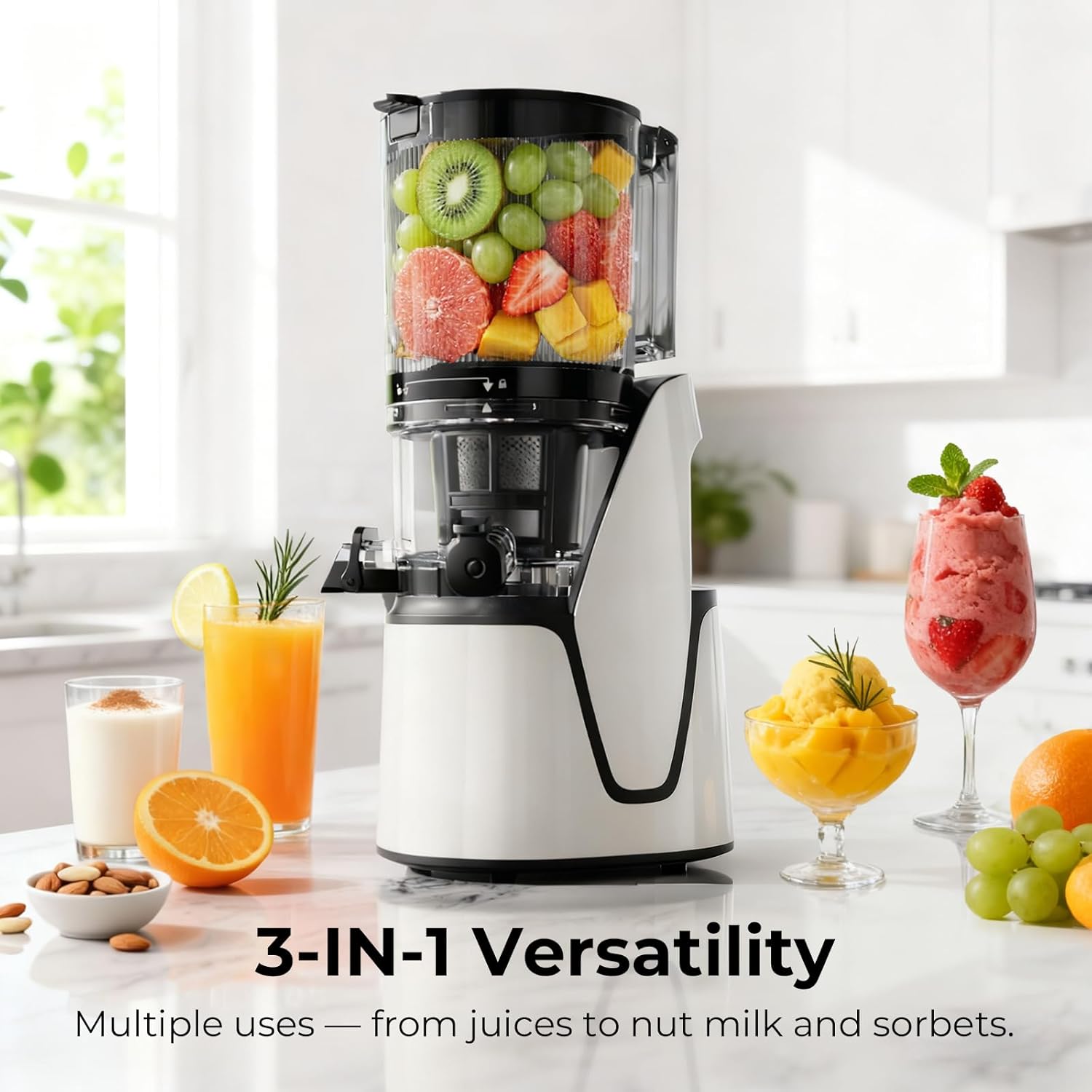 EanOruus Juicer Machines, 3-in-1 Cold Press Juicer with 6.5 Extra Large Chute, 100oz Large Capacity, AC Motor, Makes Juice, Nut Milk & Sorbet, Bright White
