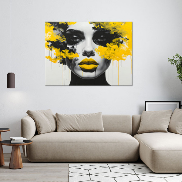 Obraz do salonu sypialni biura, Portret kobiety z elementami żóltego 30x20