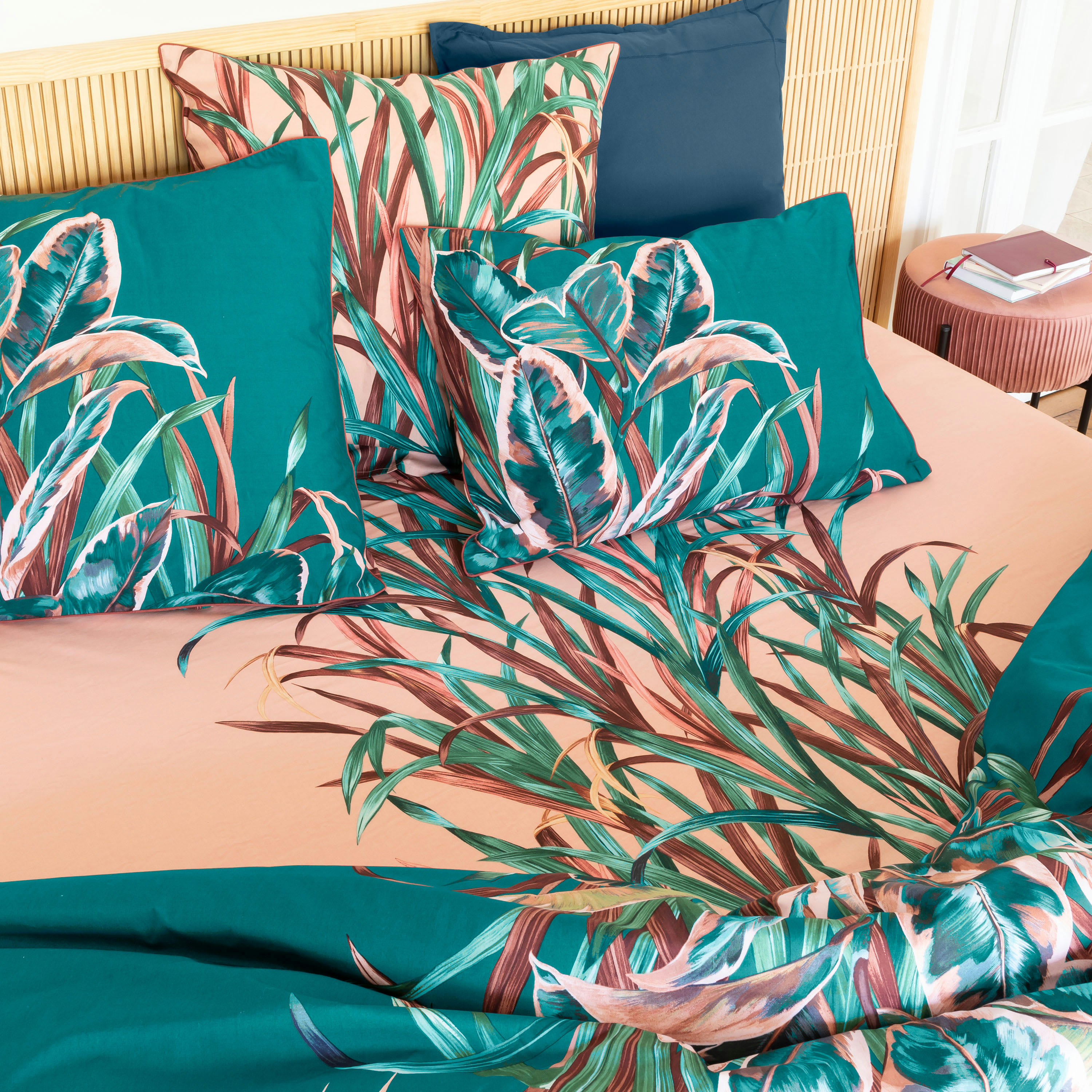 CALATHEA - Drap housse percale de coton imprimé bleu 160 x 200 cm