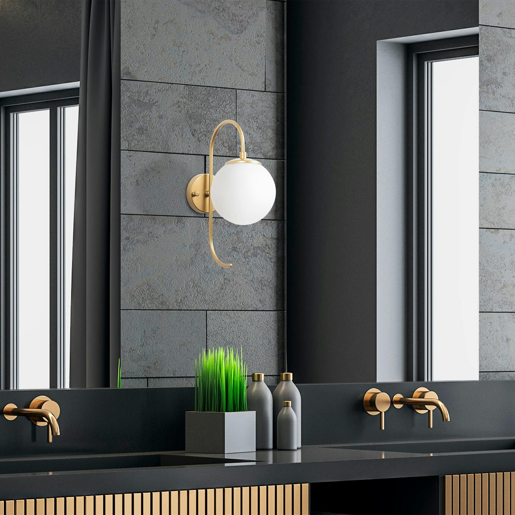 Applique murale moderne dorée, globe blanc tige courbe SIERRE