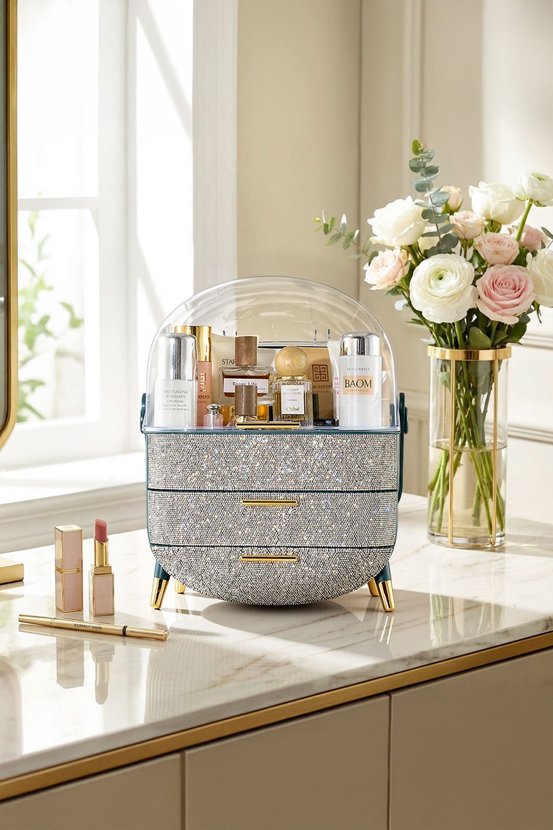 SHEONLY Countertop Portable Oval Makeup Storage Box with Transparent Cover