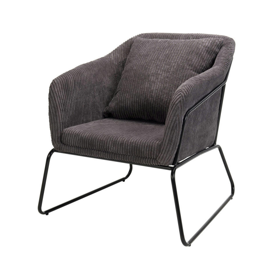 ALBANE - Fauteuil en tissu velours cotelé gris anthracite pieds évasés en métal