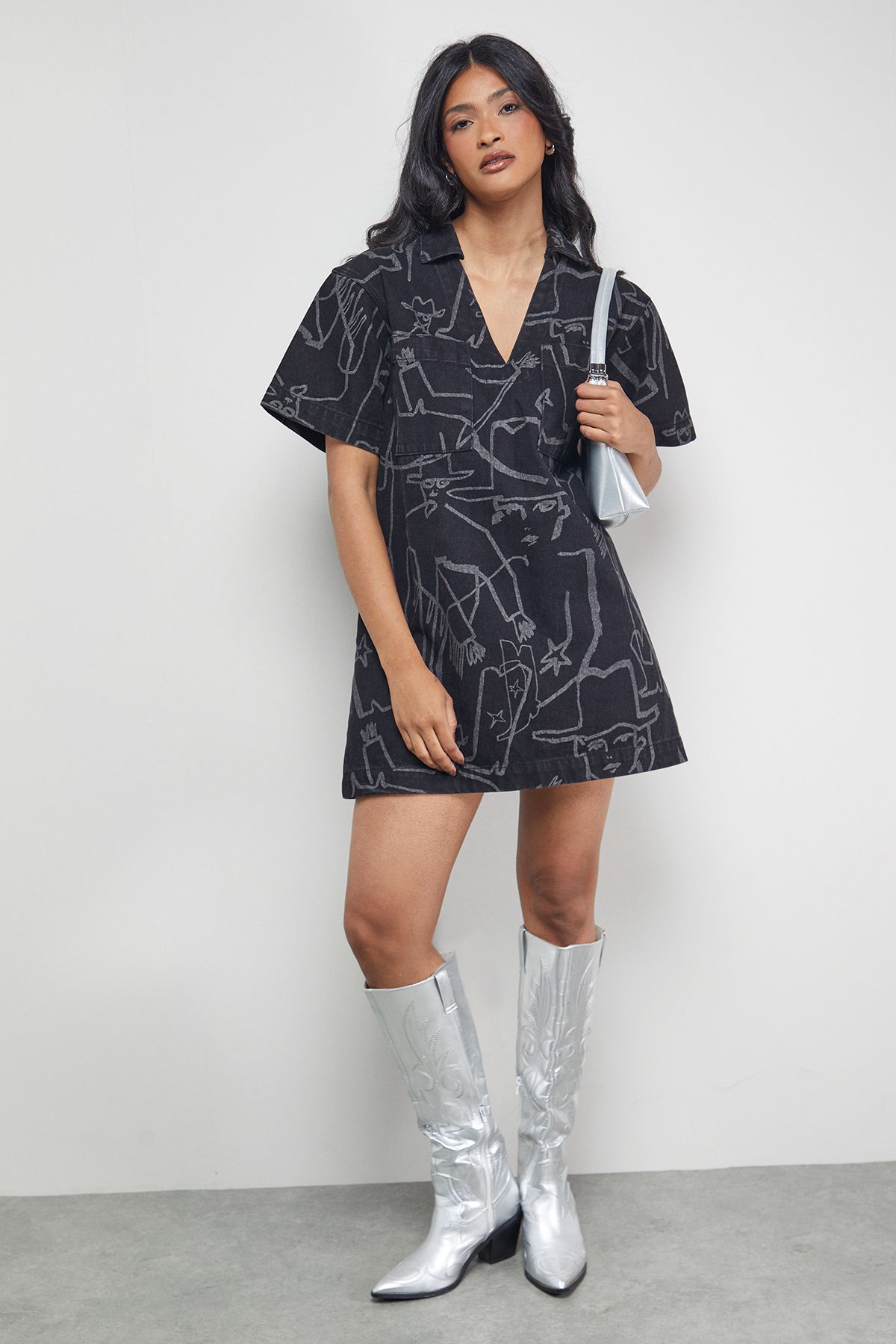 Warehouse Tony Printed Boxy Denim Mini Dress With Pockets