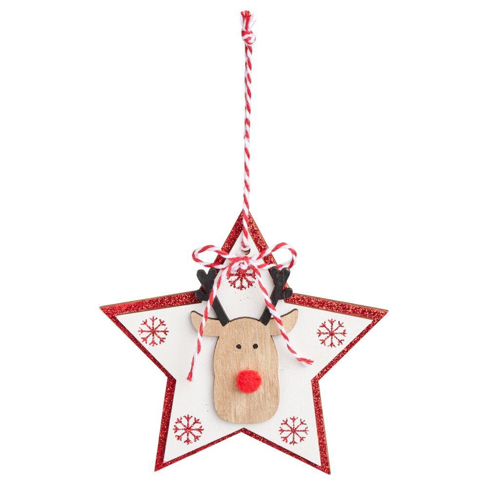 Suspension de No&euml;l en bois forme étoile ou sapin avec tête de renne 11x11cm
