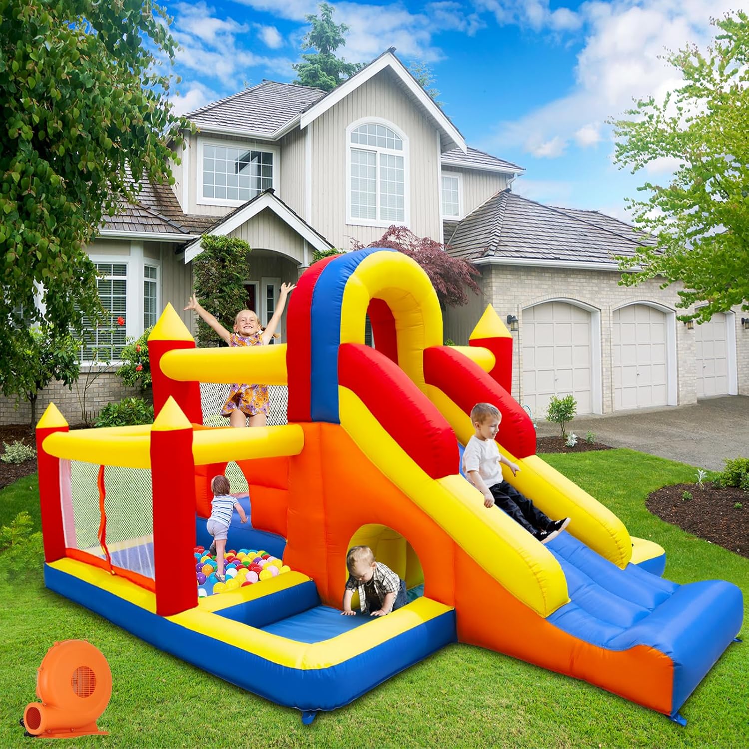 Umbalir Bounce House, Inflatable Bounce House for Kids 3-10, Kids Bounce House with Long Slide, Ball Pit/Pool, Obstacles, Tunnel, Climbing Wall, Bouncy House Indoor & Outdoor Toddler Bouncy Fun
