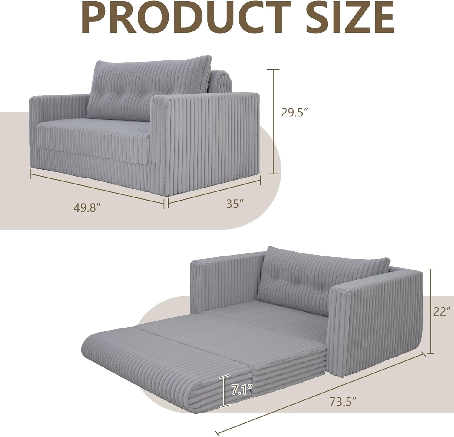 HABUTWAY Folding Sofa Bed, 2 in 1 Convertible Sleeper Chair with Pillow, Portable Fold Out Chair Bed with Armrest, Comfy Floor Couch, Lazy Sofa for Living Room Bedroom Dorm Home Office, Light Grey
