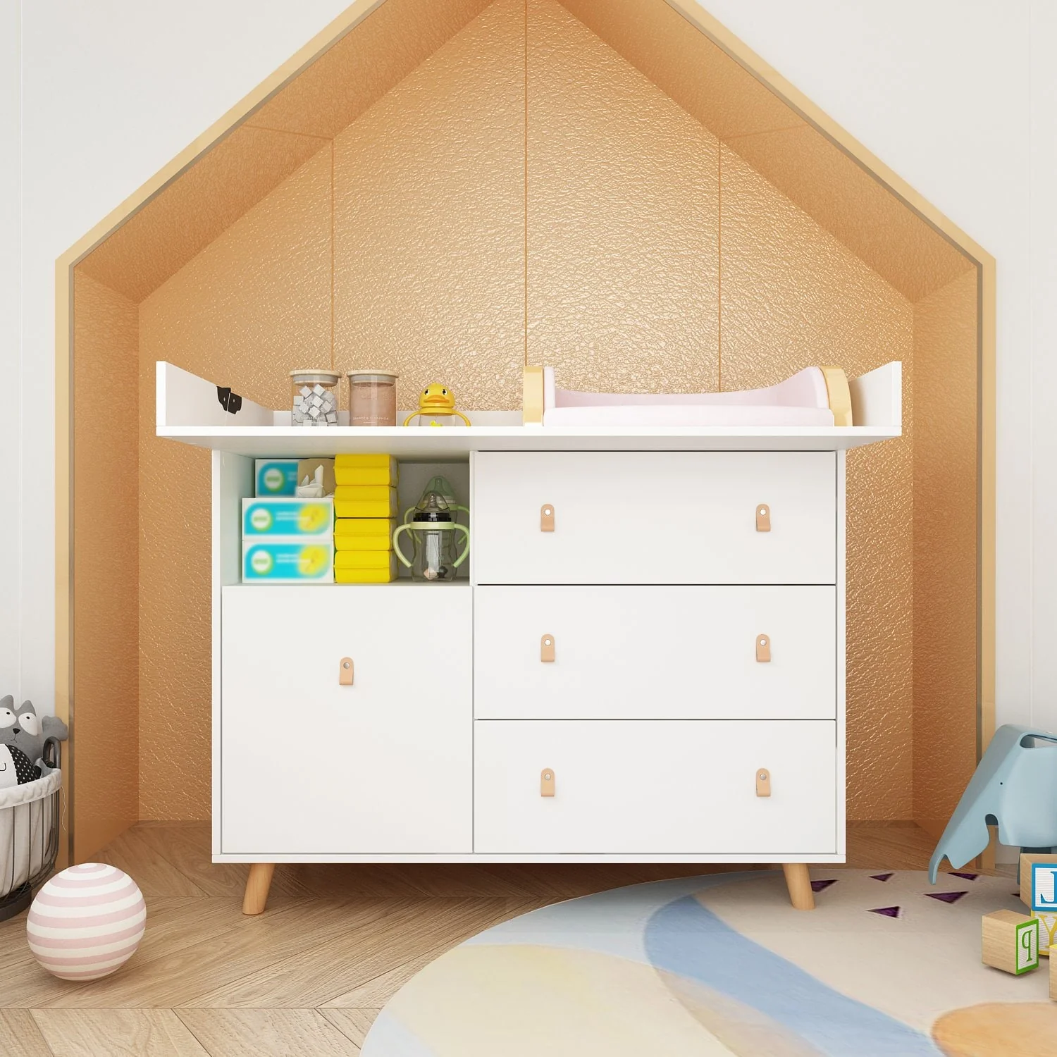 Space-Saving White Baby Changing Table with Ample Storage Dresser