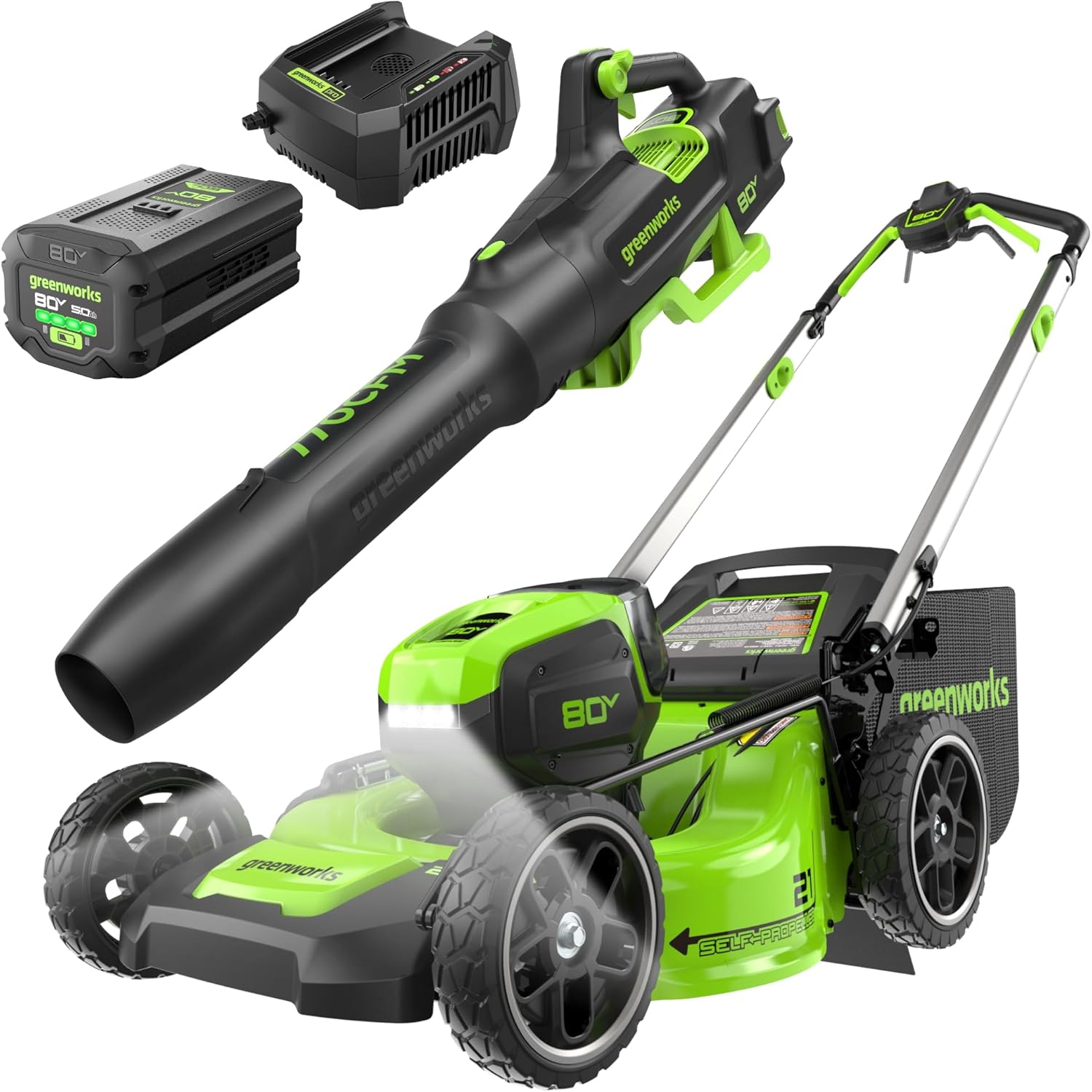 Greenworks 80V 21 Self-Propelled Lawn Mower + Blower (Gen 2)  5.0Ah Battery