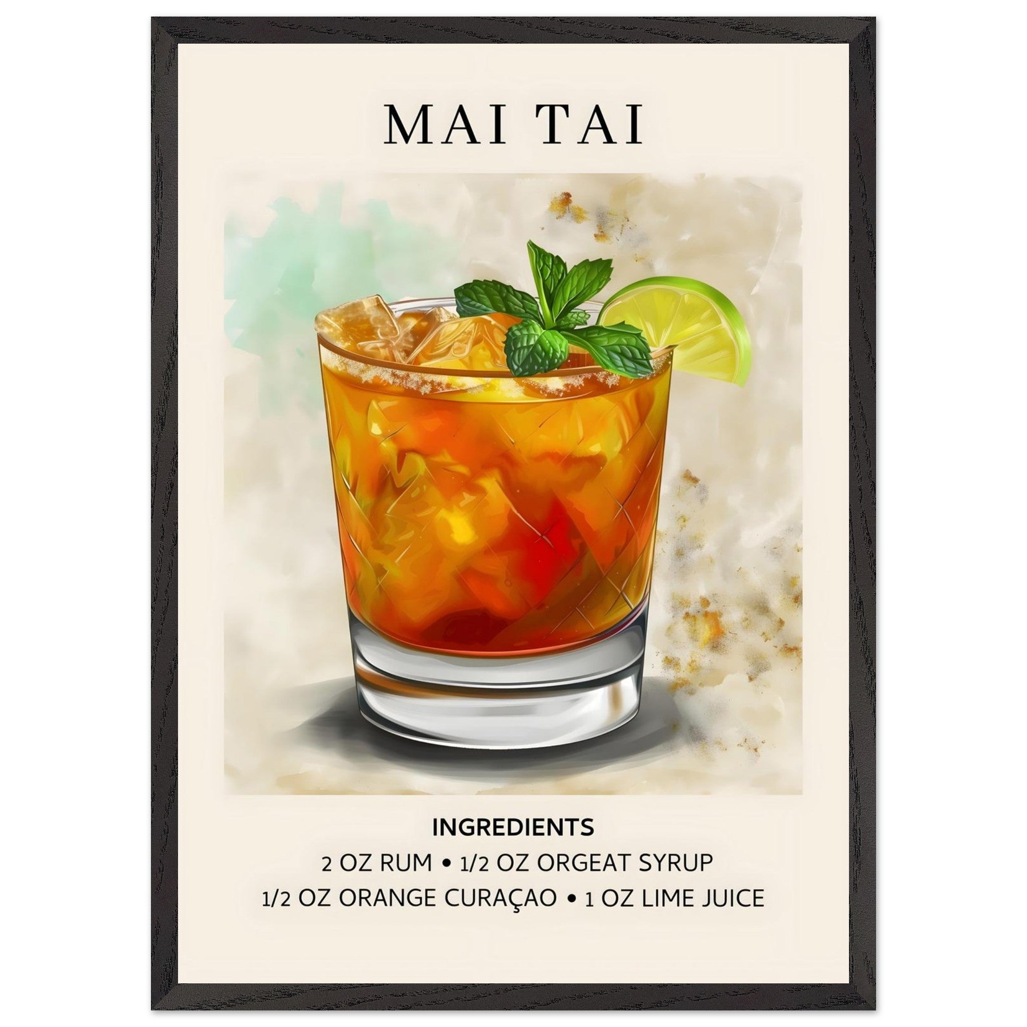 Artfulprints Poster met Lijst Mai Tai Cocktail - Ingrediënten  - 50x70 cm - Meerkleurig