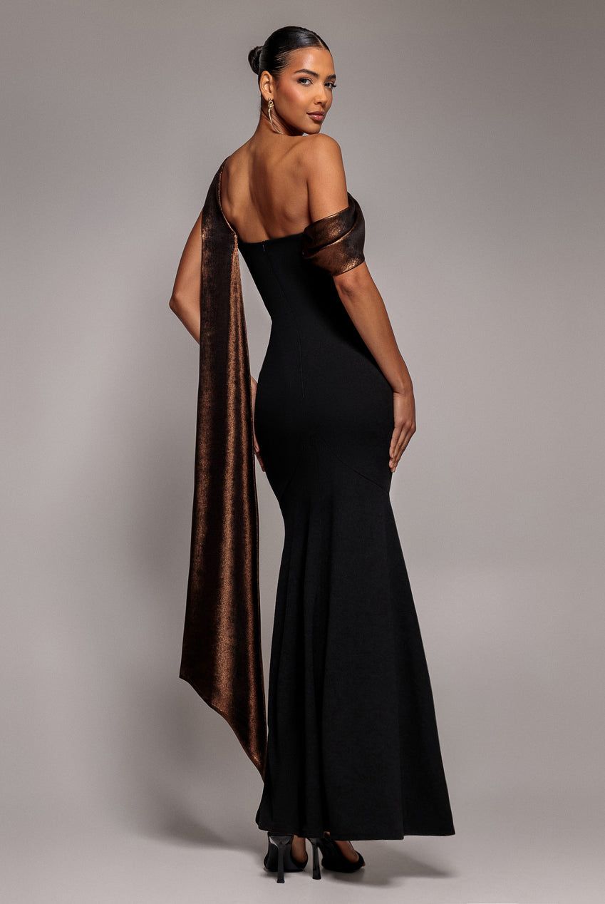 Goddiva Foil Chiffon Cowl One Shoulder Cape Maxi Dress