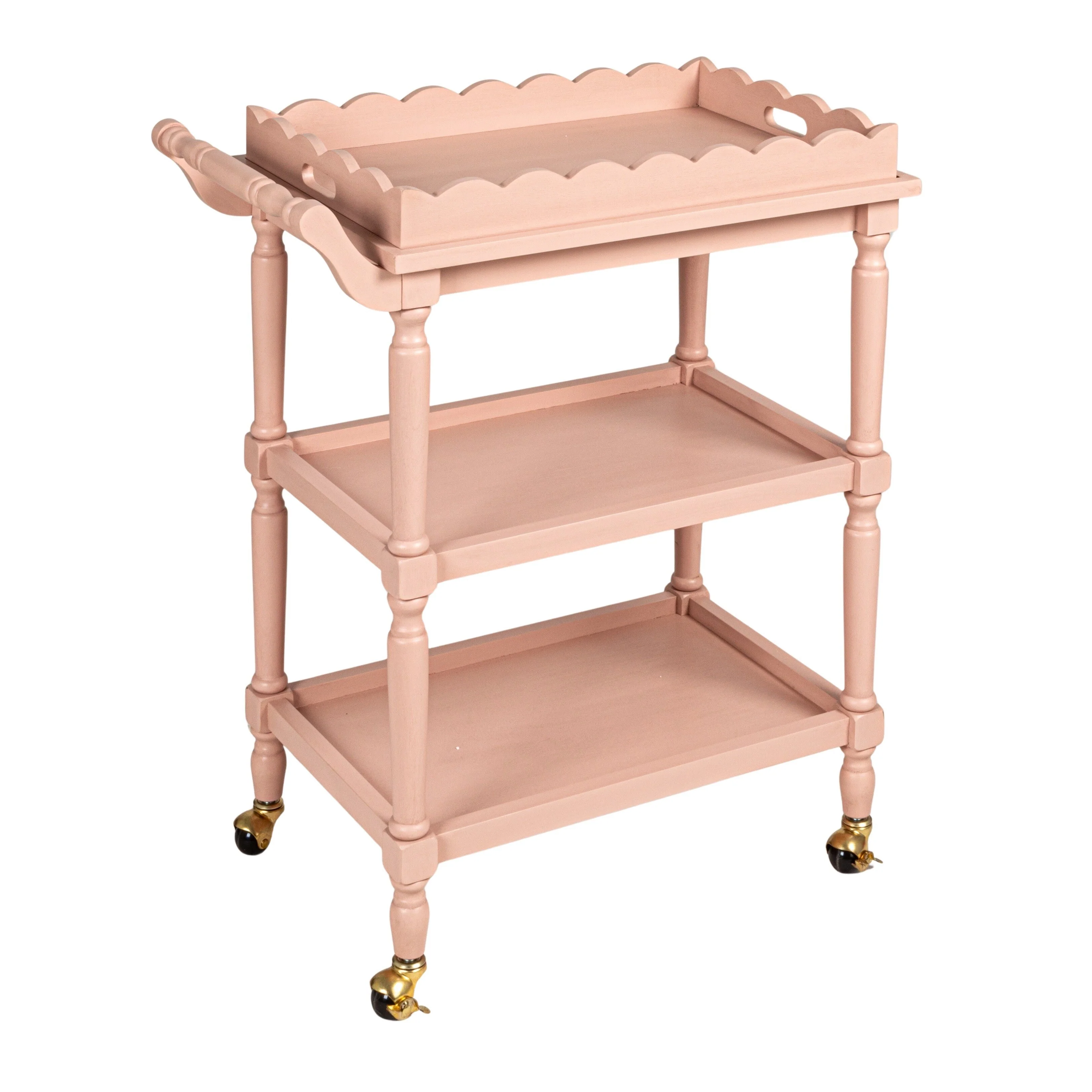 3-Tier Bar Cart on Casters with Removable Scalloped Tray, Pink - 27.3L x 15.8W x 31.9H