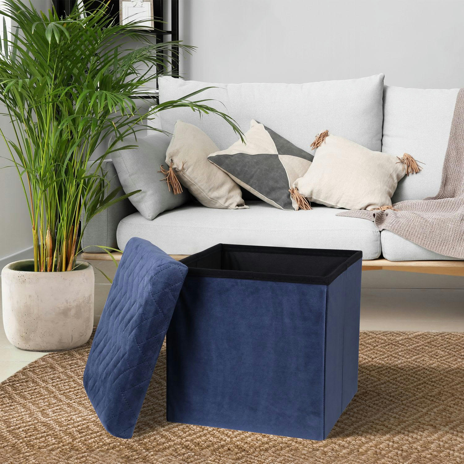 KUBE - Pouf de rangement pliable en velours bleu foncé