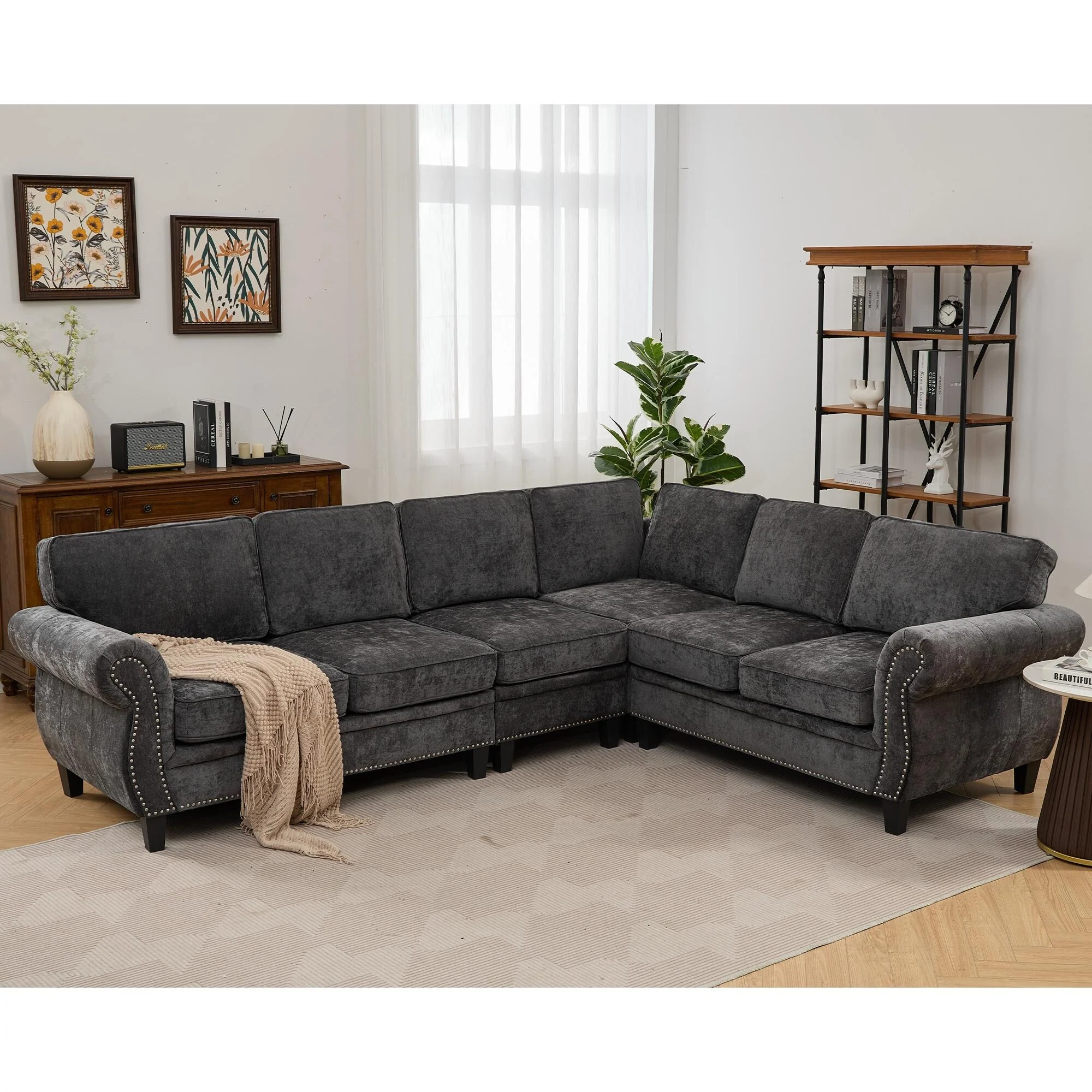 109.5 Chenille 6-Seater L-Shaped Sofa with Rolled Armrests