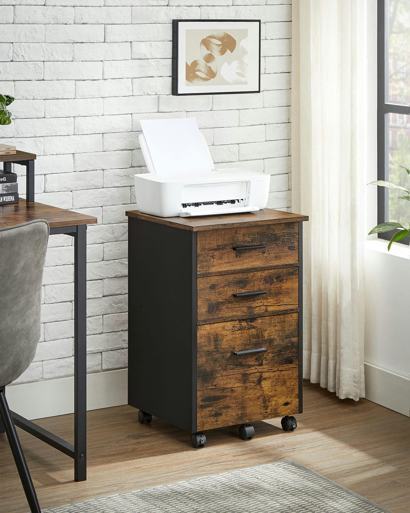 - Caisson de bureau 3 tiroirs tissu effet bois marron rustique