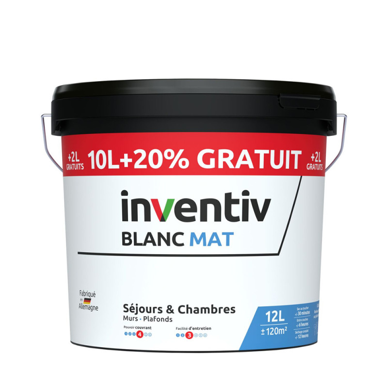 Peinture pour murs et plafonds Séjours & Chambres blanc mat 10 L   2 L gratuit INVENTIV