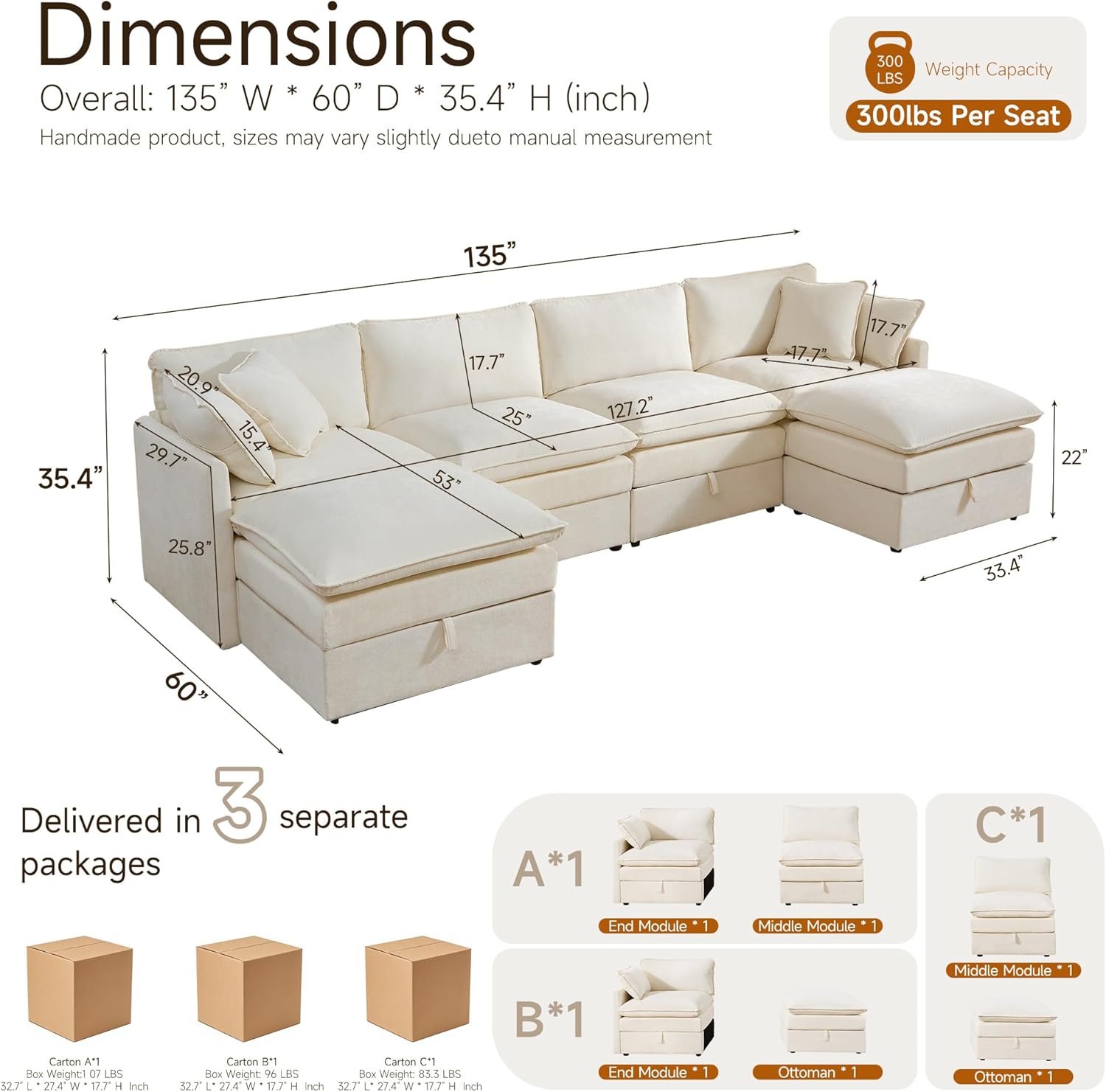 Modular Sofa with Storage, 135 U Shape Sectional Cloud Couch, Comfy Fabric Couch with Movable Ottoman, 6 Seat Modern Deep Seat Sofa for Living Room (Beige Chenille)