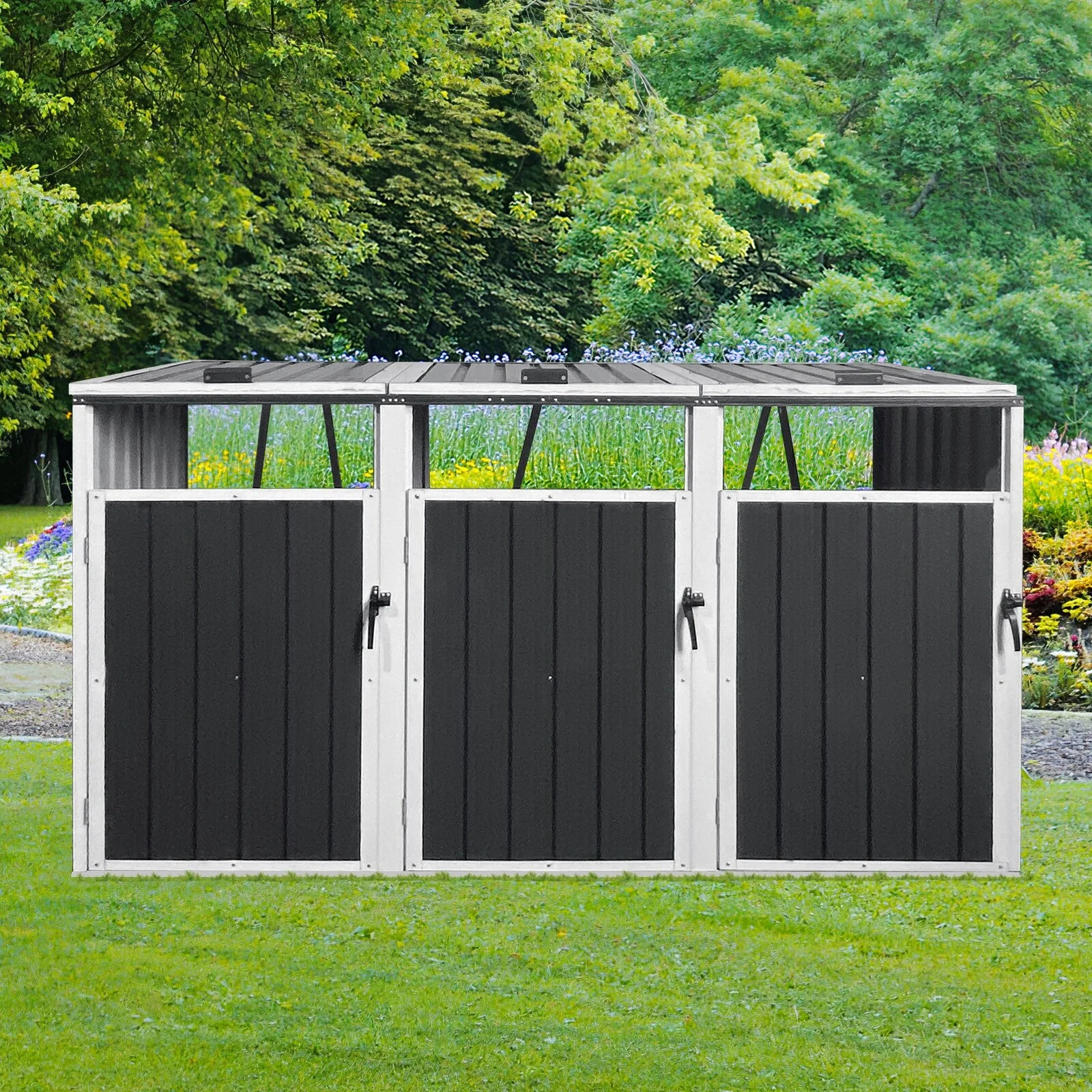 Anti-rust Galvanized Steel Garbage Can Storage Shed Lockable Bin Shed with Hydraulic Lid & Front Three Doors