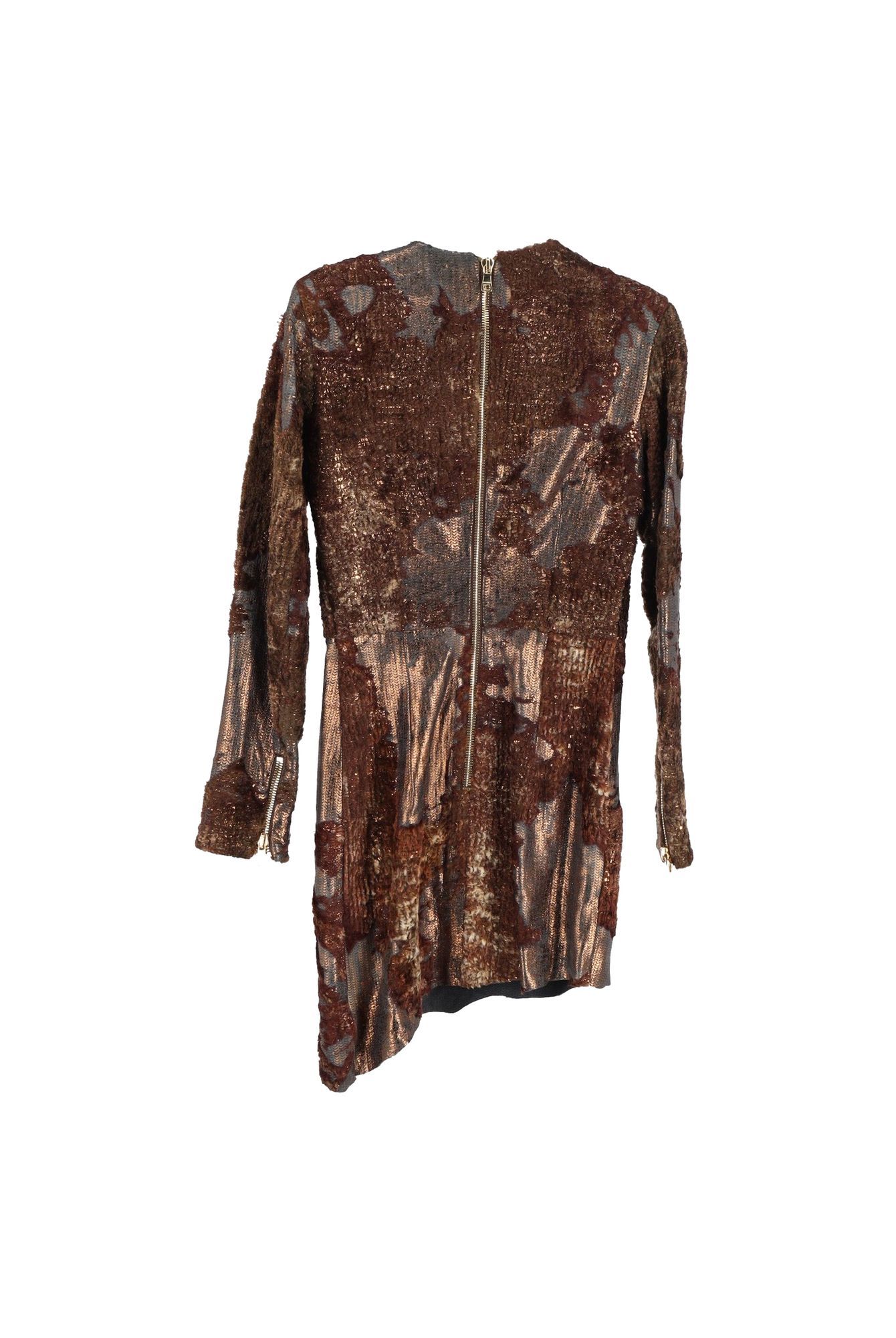 Balmain Preloved Metallic Long-Sleeve Mini Dress in Brown Leather