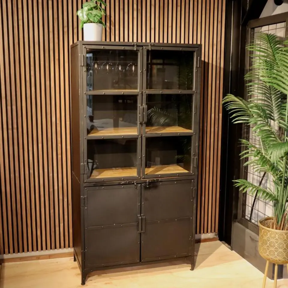 Buffetkast industrieel Trevor zwart hout/ metaal - 45x95x185 cm