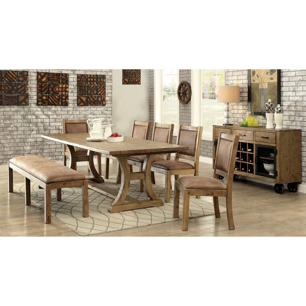 Matthias Rustic Wood Brown Faux Leather Dining Bench by Furniture of America