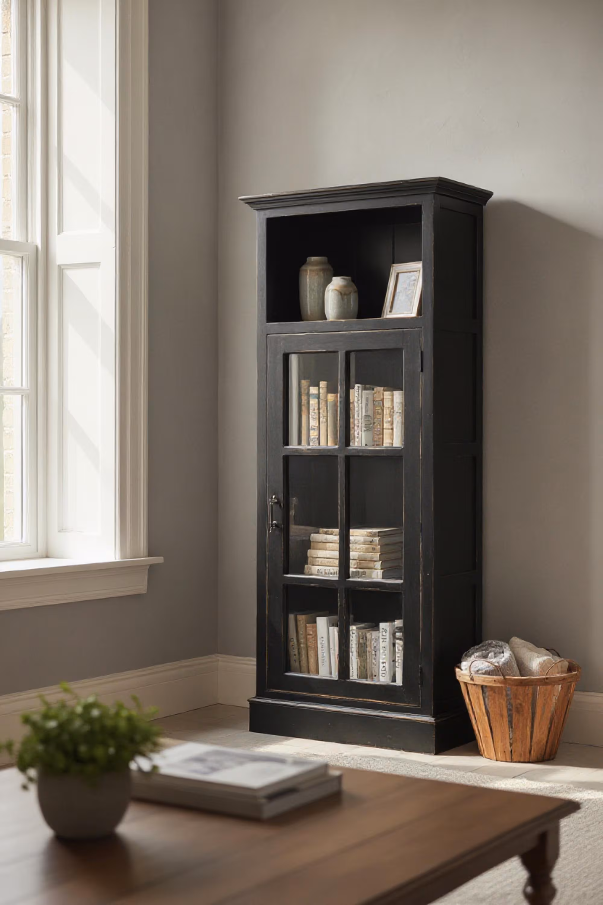 Cape Cod Tall Glass Display Kitchen Linen Storage Distressed Black Cabinet Modern Bookcase 27x14x72