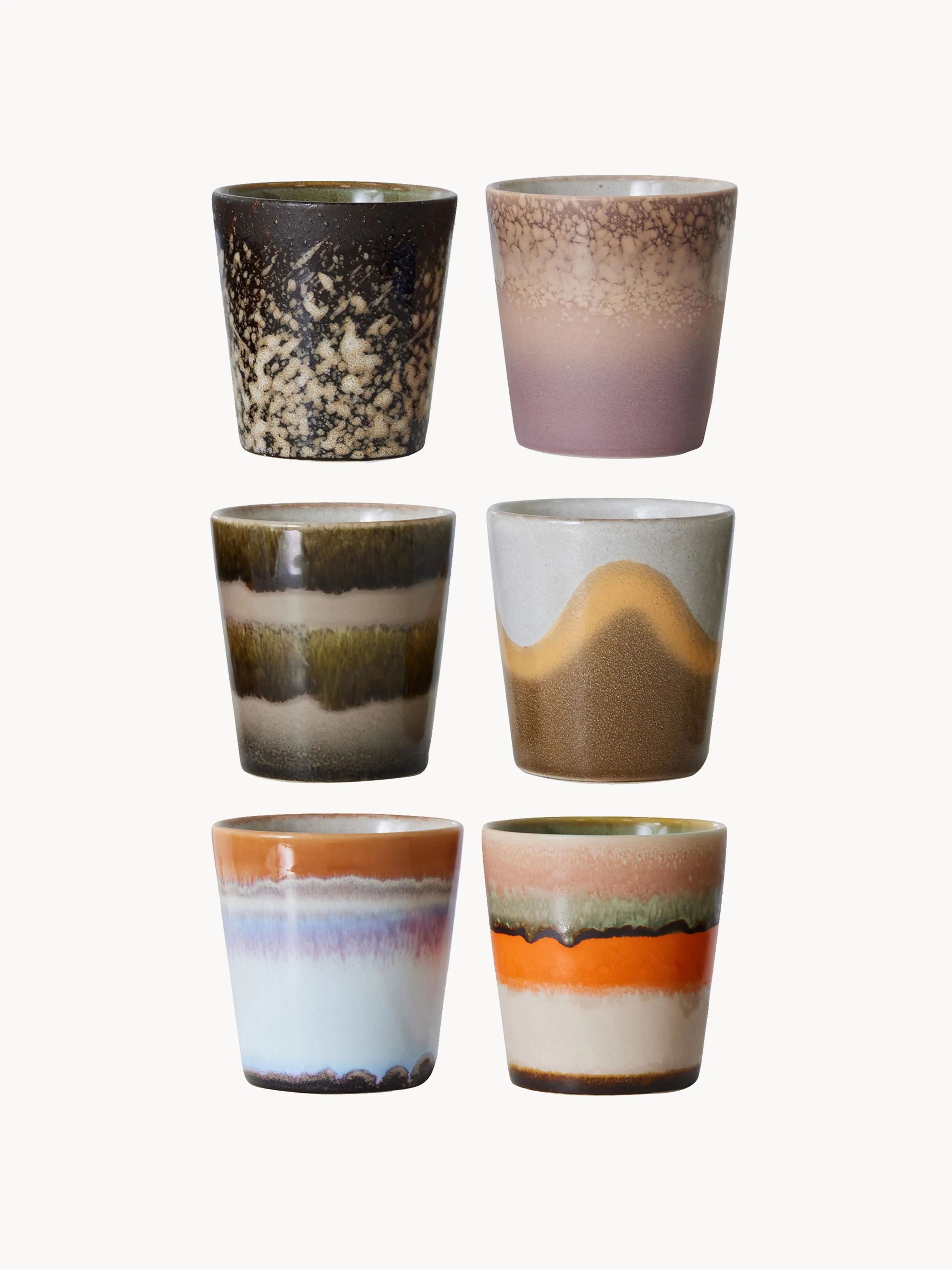 Handgefertigte Becher 70's mit reaktiver Glasur, 6er-Set