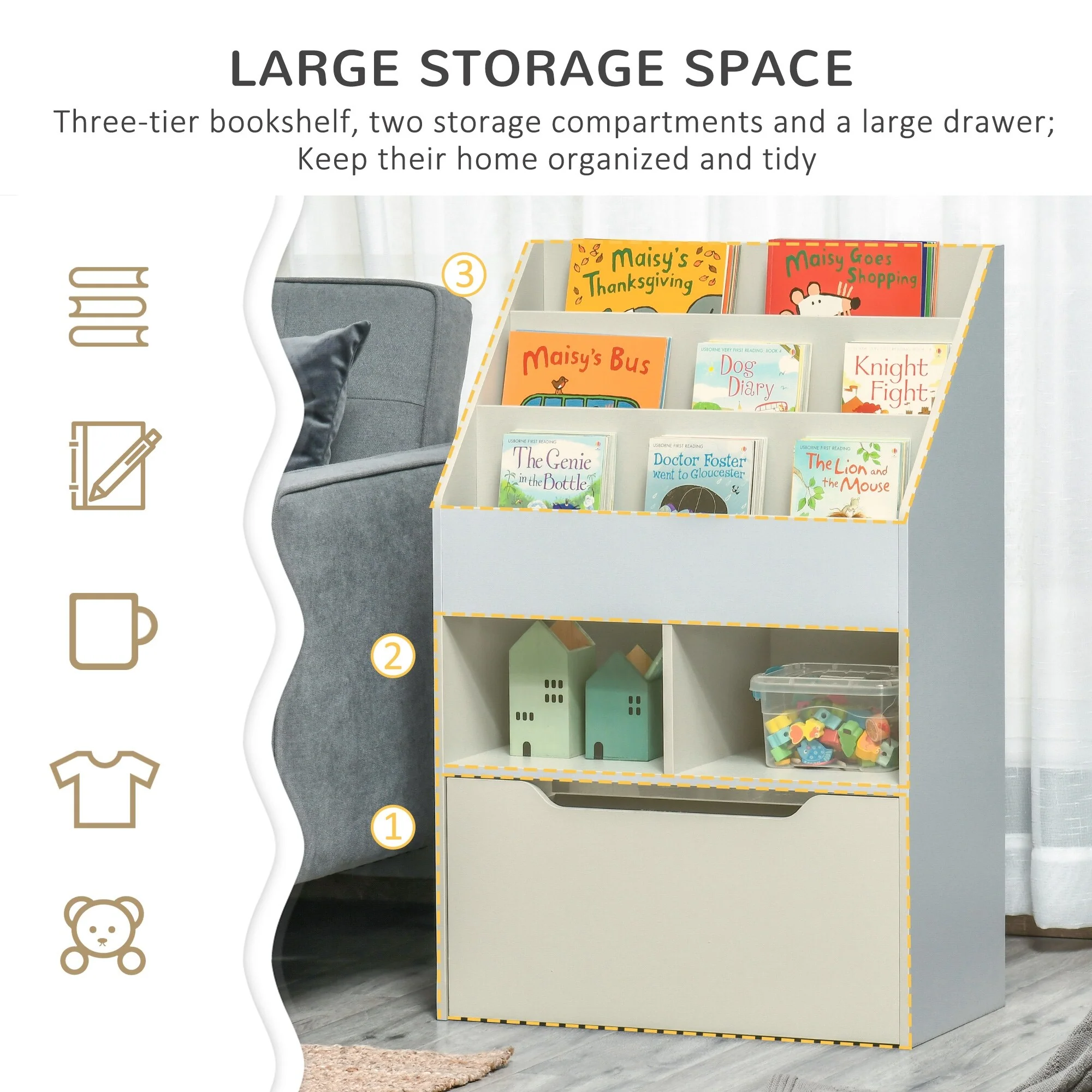 Kids Bookcase Multi-Shelf Rack Organizer with Storage Drawer