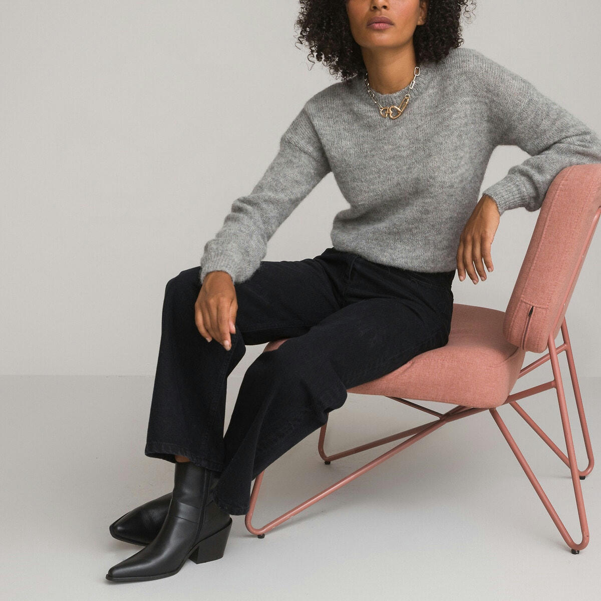 Pull col rond boutonné au dos, alpaga mélangé