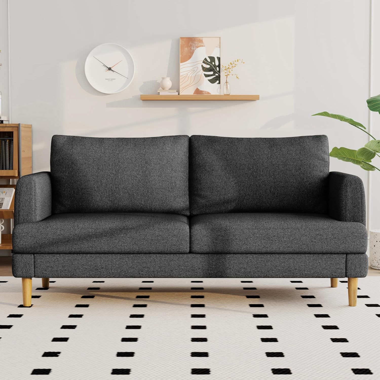 70 Modern Loveseat Sofa with USB Type-C Ports, Linen Fabric 2-Seater Deep Seat Couch, Cozy Small Couch Sofa for Living Room Bedroom Office Apartment (Black)