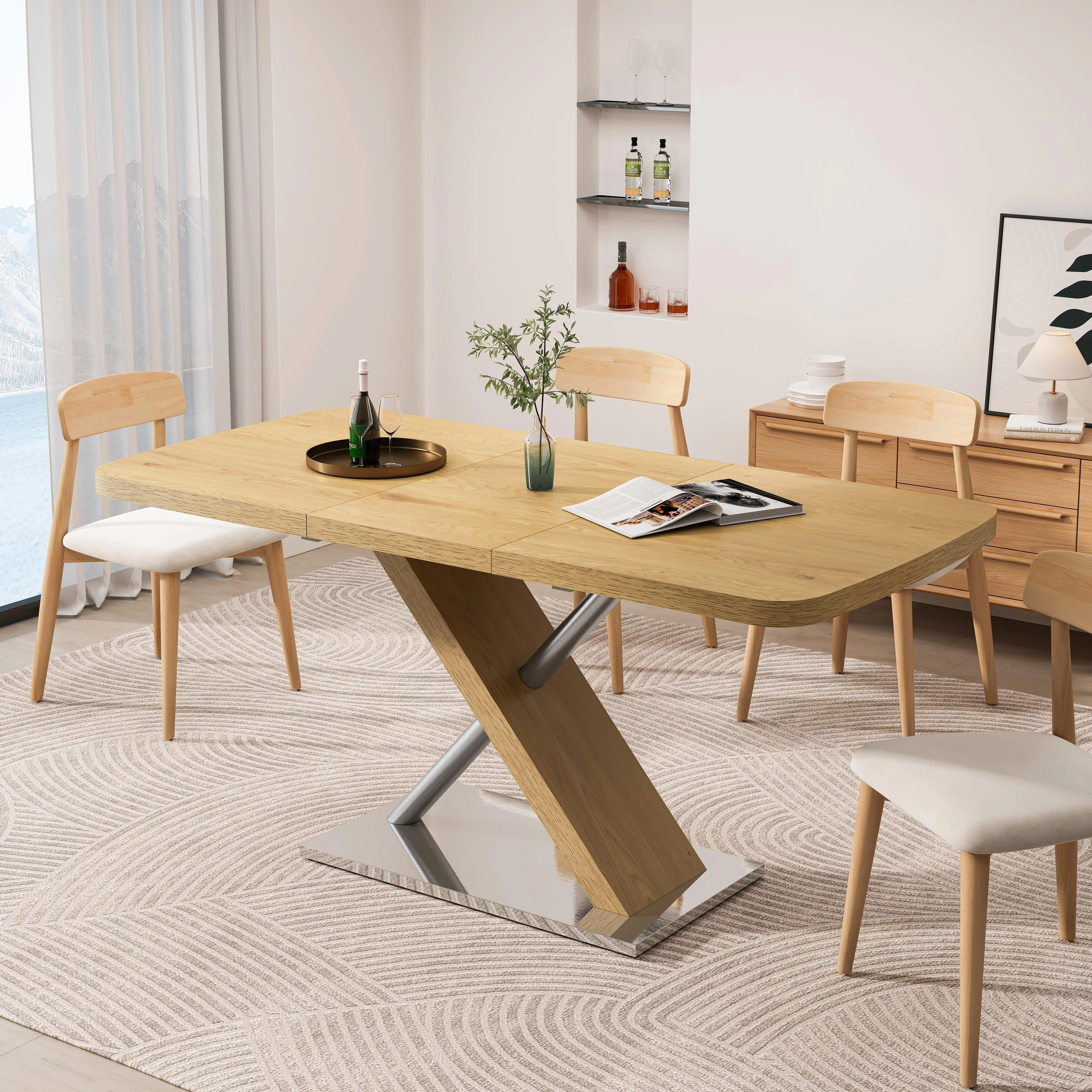 Extendable Dining Table with Crossed Metal Base and Stainless Steel Tubes