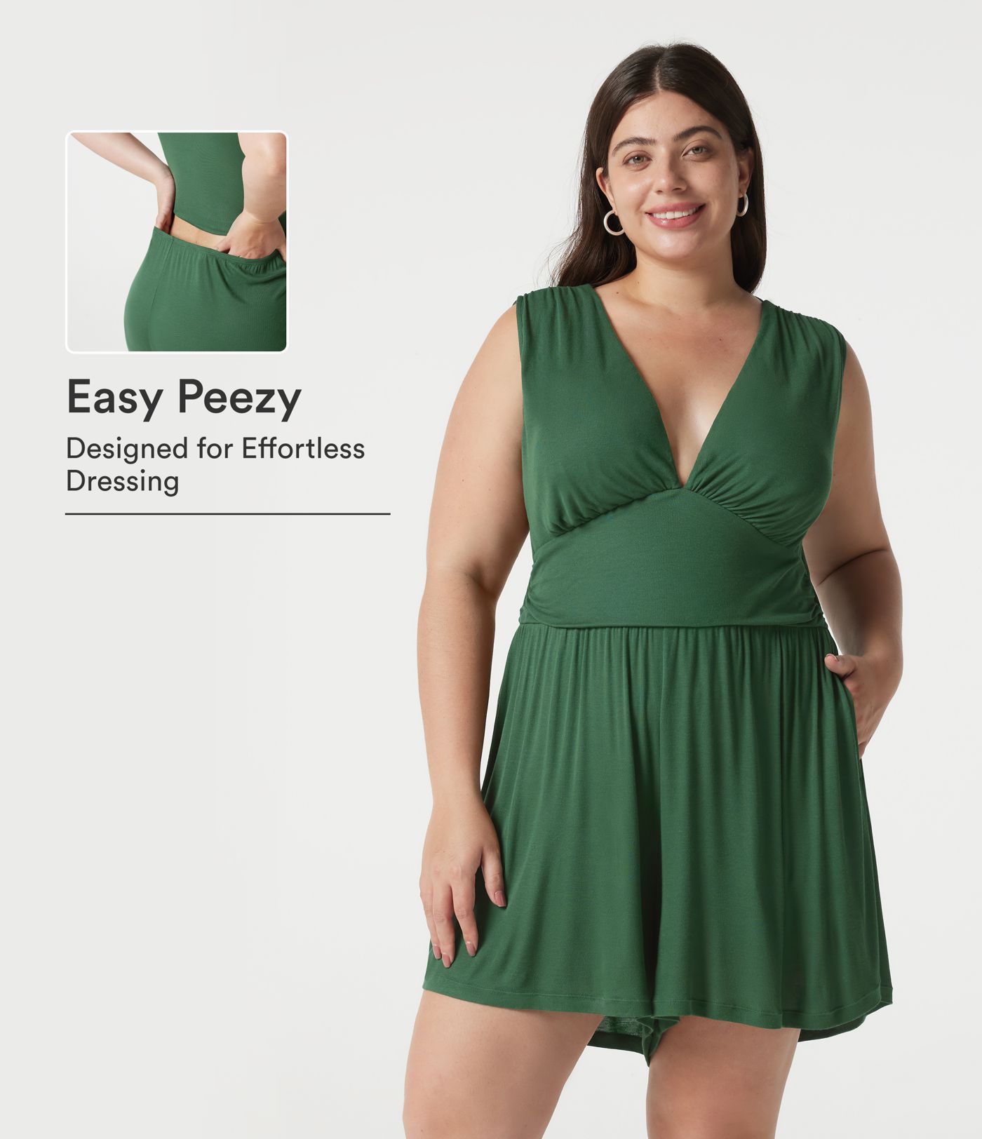Combishort casual grande taille froncé côtelé sans manches à col V avec brassière intégrée et poches - Édition Easy Peasy