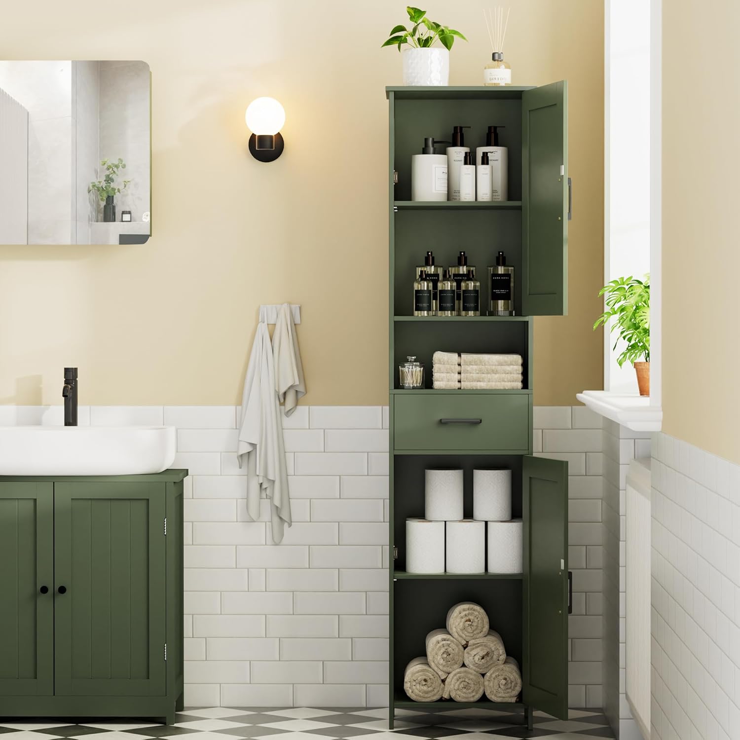 Homhedy 67 H Tall Bathroom Storage Cabinet with 2 Barn Doors and 1 Drawer, Narrow Storage Unit, Adjustable Shelves, Floor Cabinet for Bathroom, Living Room, Entryway, Kitchen, Green, (15.7 W)