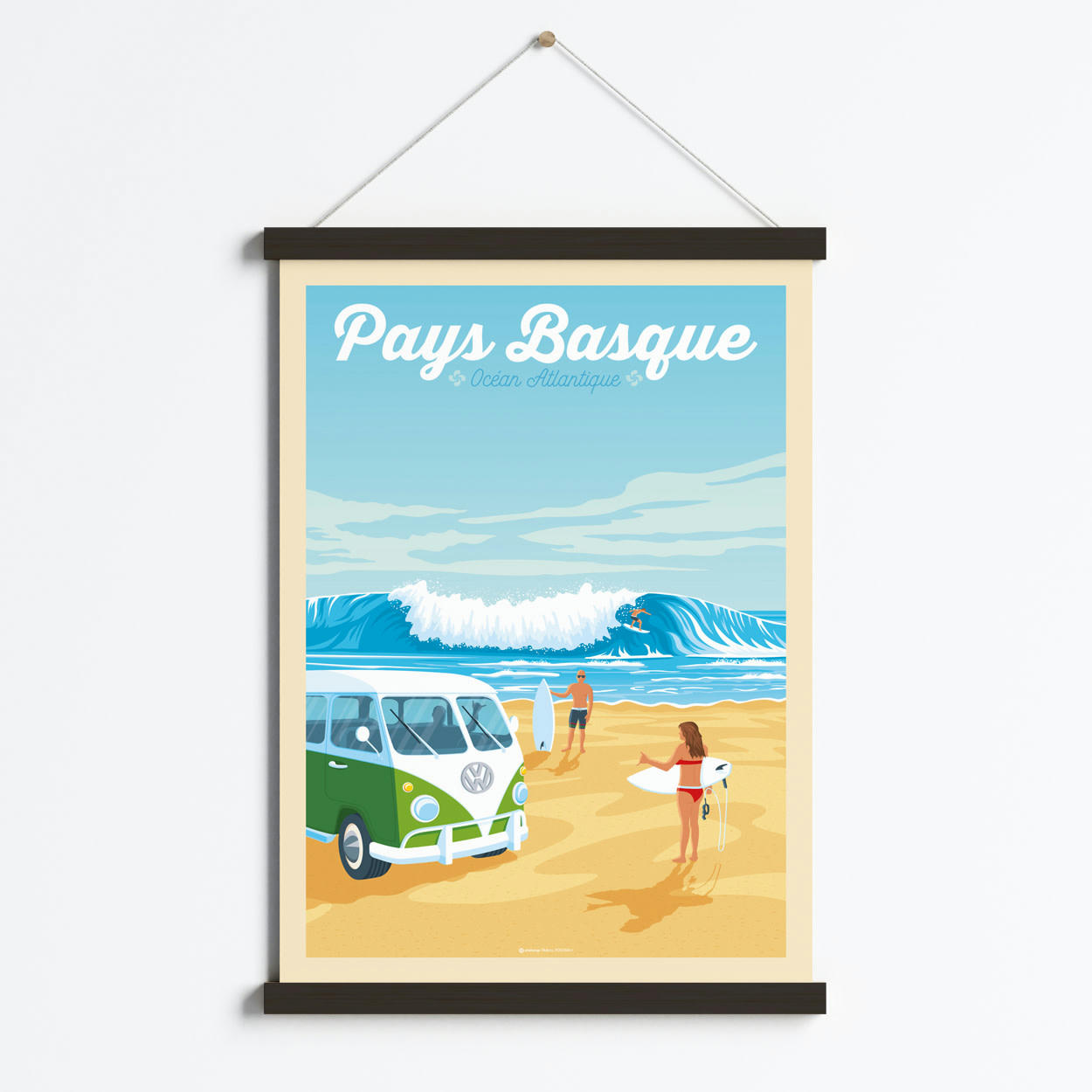 - Affiche Pays Basque - Surf + Cadre Magnétique (Bois Noir) 50x70 cm