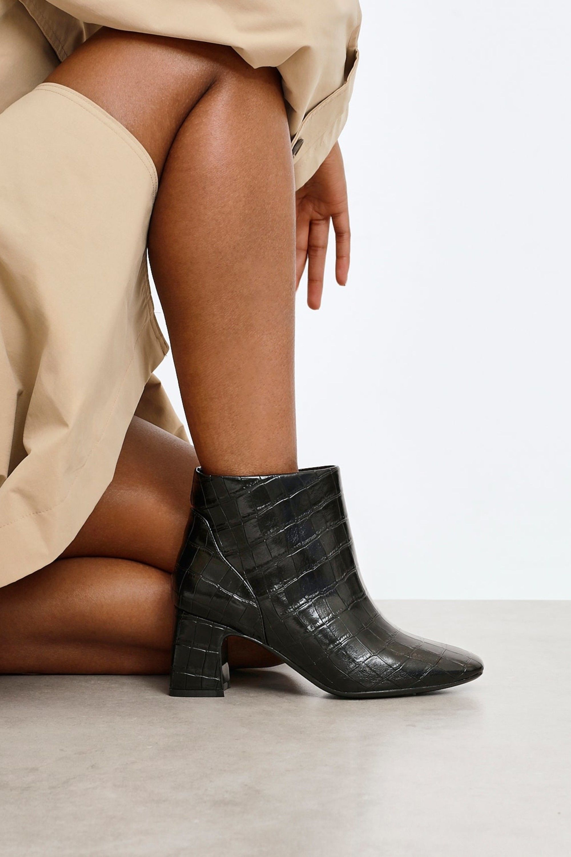 Linzi Cove Black Faux Croc Patent Leather Soft Square Toe Block Heel Ankle Boot