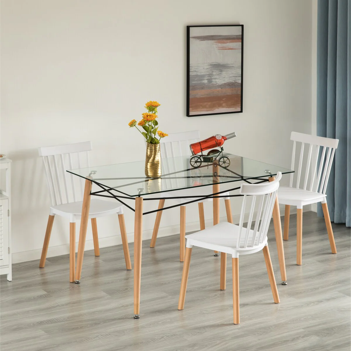 Rectangle Clear Glass Top Accent Dining Table with 4 Beech Metal Frame Solid Wood Legs
