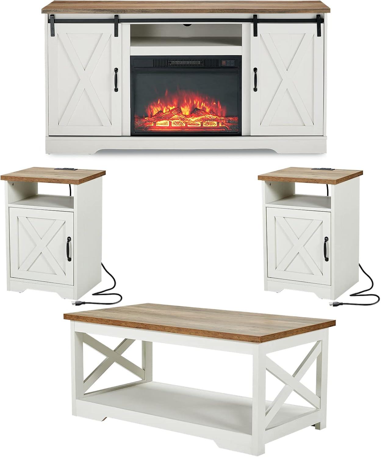 AMERLIFE 5-Piece Farmhouse Table Set Includes Fireplace TV Stand, Coffee Table& Two End Tables with Charging Station and USB Ports, for Living Room, Distressed White, 59