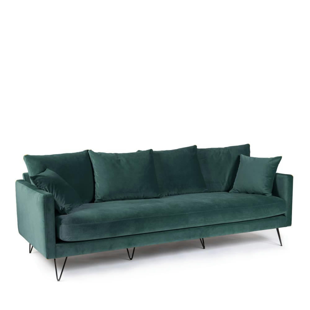 VILLABON - Canapé 4 places en velours pieds épingles noirs vert eucalyptus