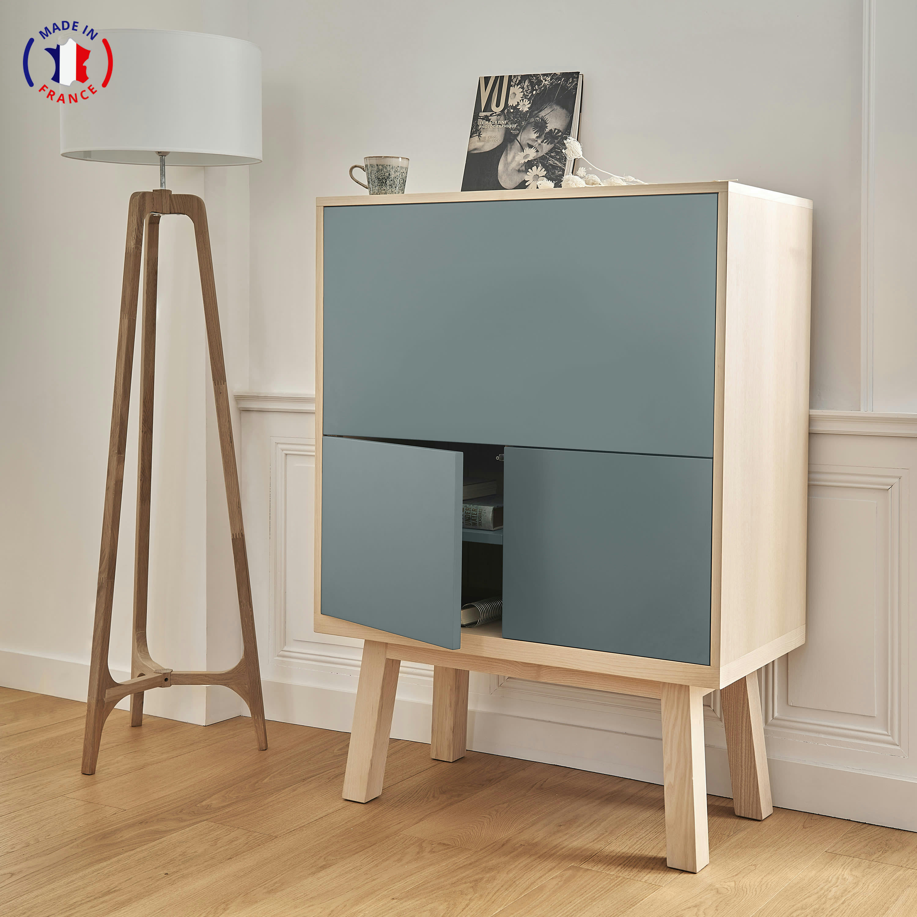 KUBE - Bureau secrétaire avec rangement de 90 cm de large, en frêne