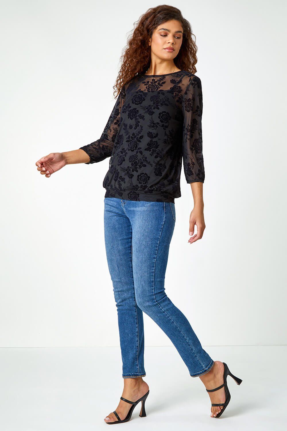 Roman Textured Floral Print Mesh Stretch Top