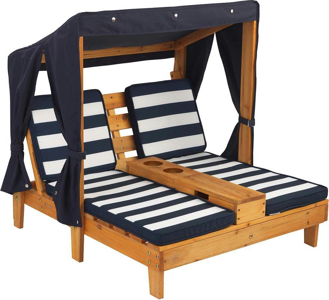 - Double chaise longue enfant avec porte-gobelets blanc et bleu