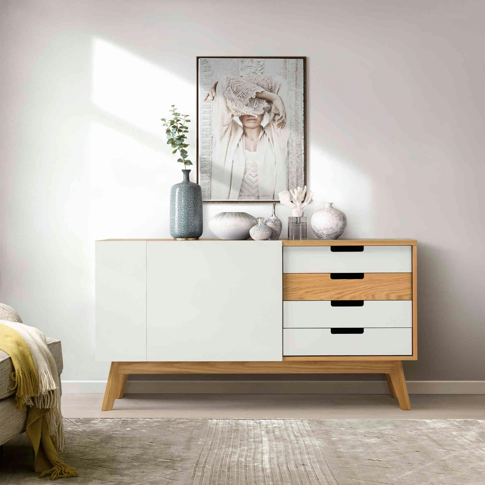 - Commode en bois massif 2 portes 4 tiroirs blanc