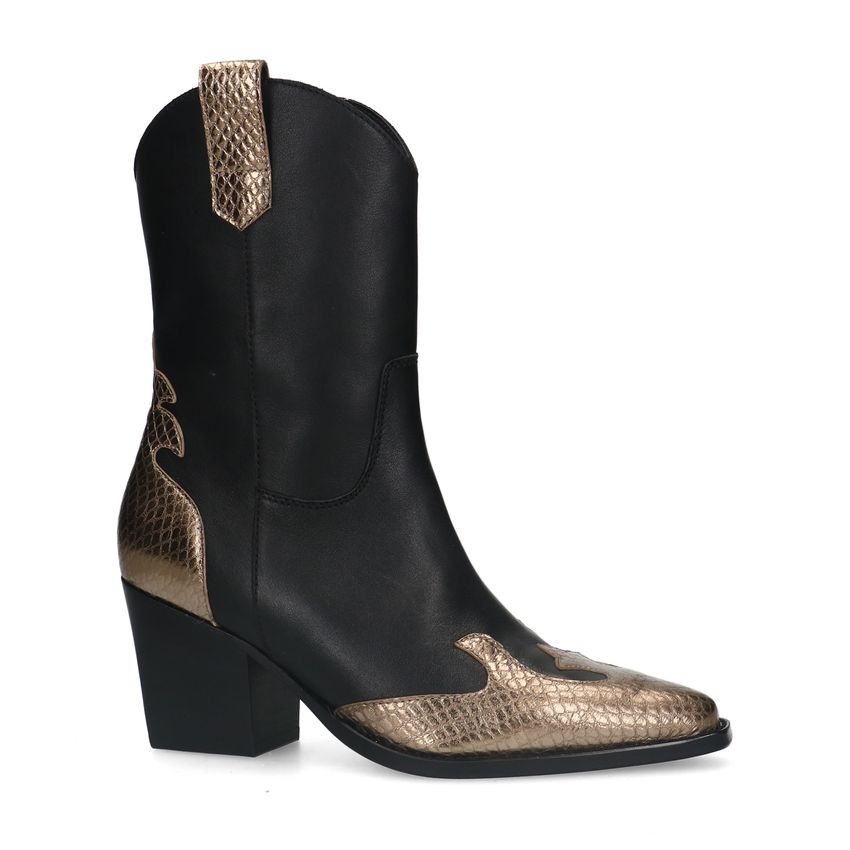 Manfield Zwarte leren cowboy laarzen met goudkleurige details
