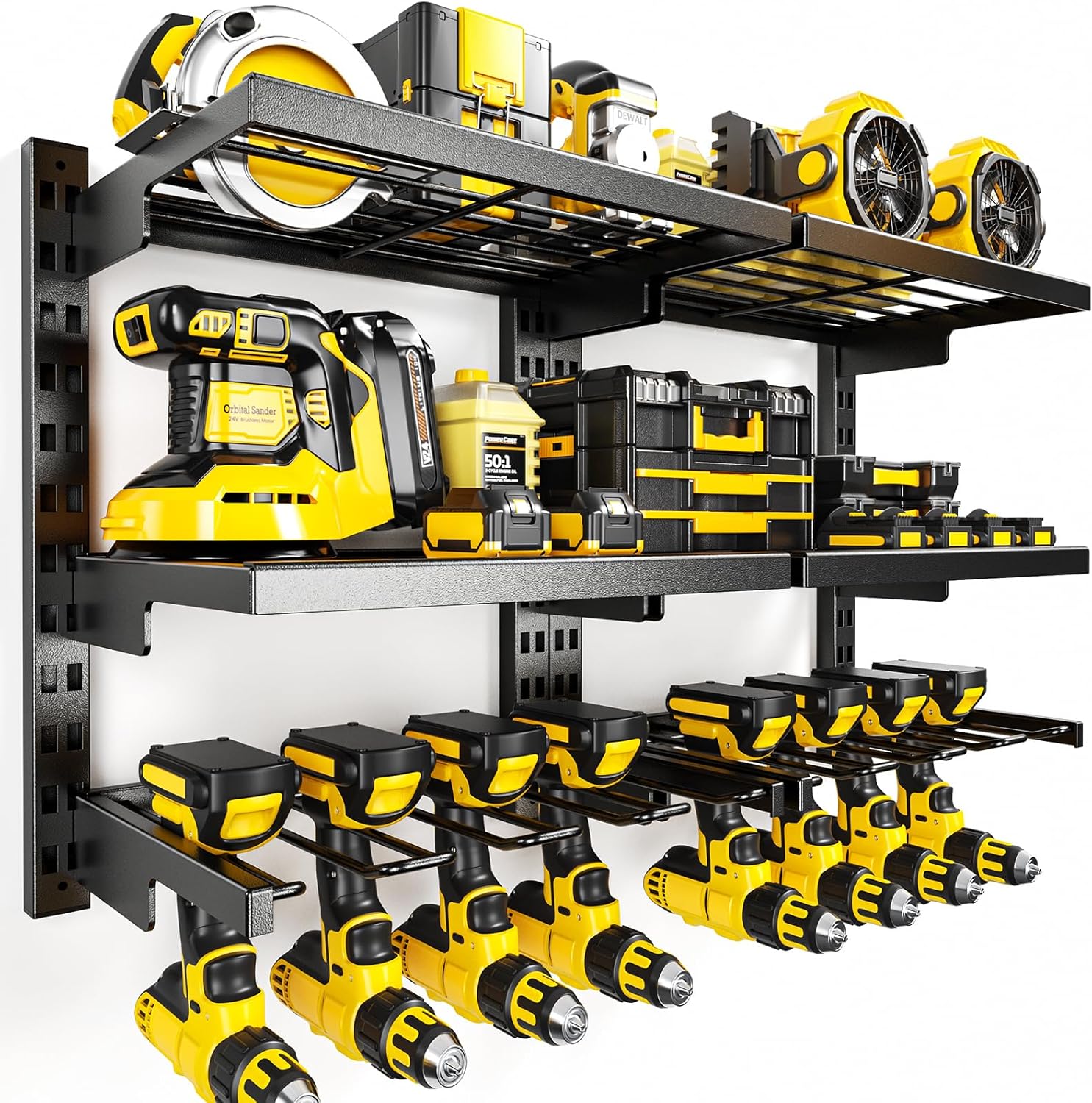 POKIPO Large Modular Power Tool Organizer Wall Mount With 6 Adjustable Shelf, Heavy Duty Iron Tool Storage Rack Loads 300lbs with 8 Cordless Tools Drill Holder,Battery Utility Rack for Garage Workshop
